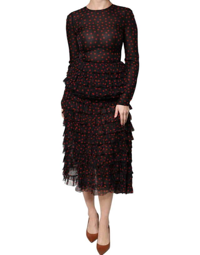Dolce & Gabbana Black Red Polka Dot Silk Layered Midi Dress - Hilstor