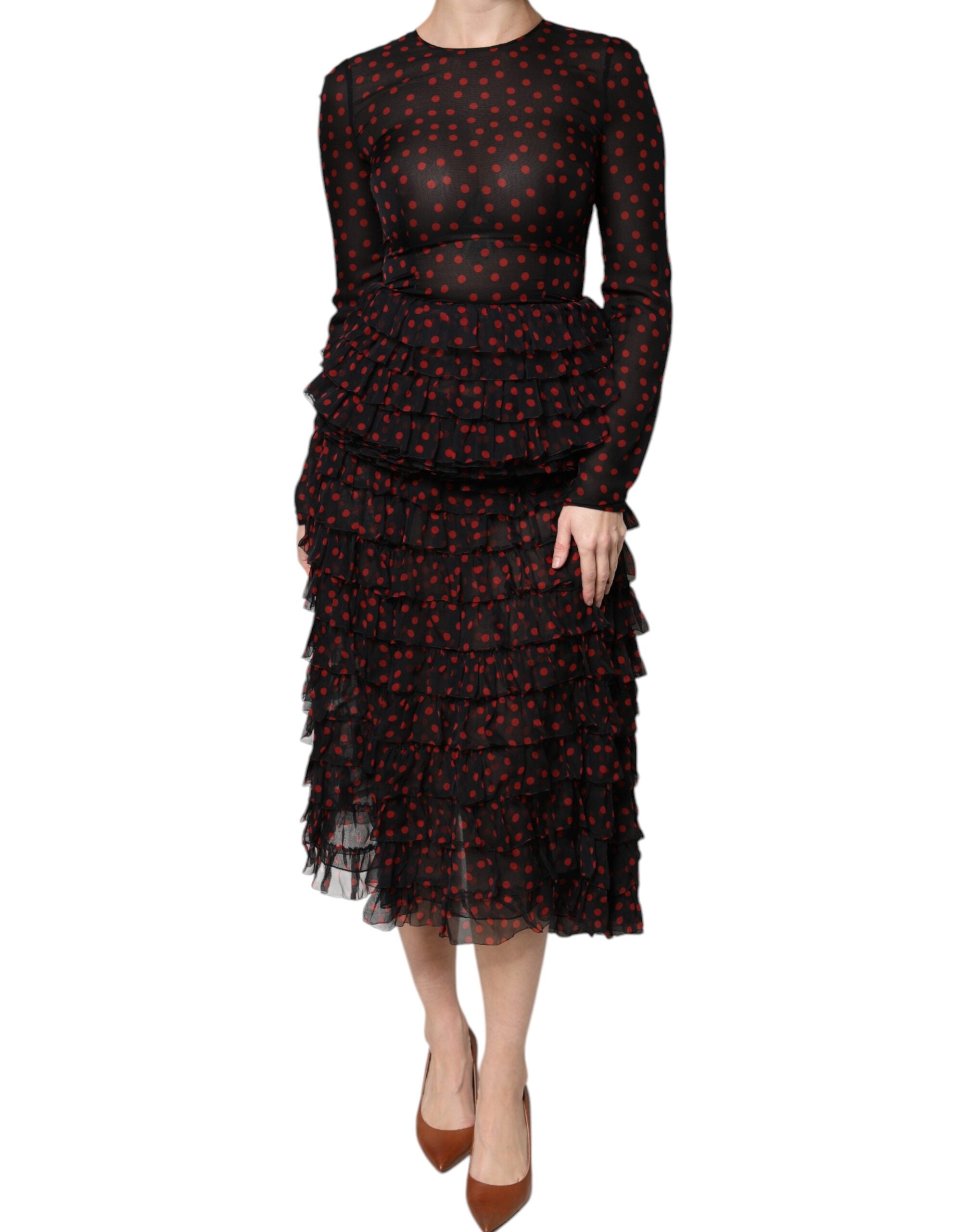 Dolce &amp; Gabbana sort rød polka Dot Silke Layered Midi-kjole