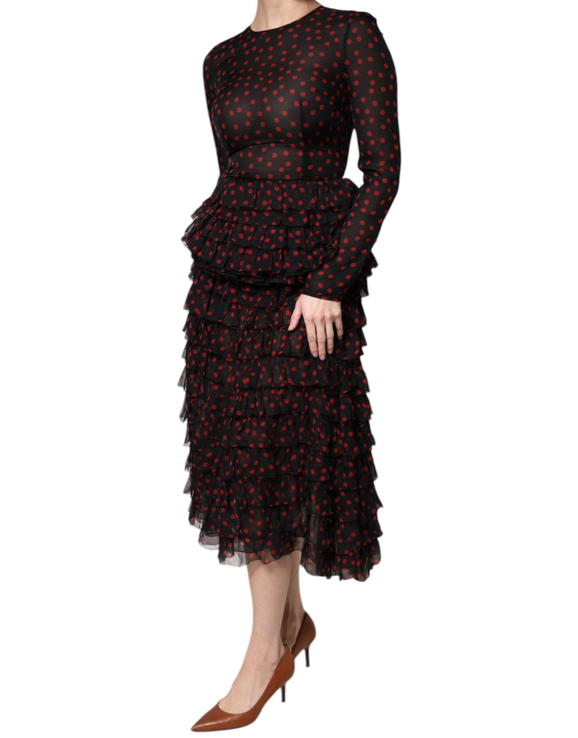 Dolce & Gabbana Black Red Polka Dot Silk Layered Midi Dress - Hilstor