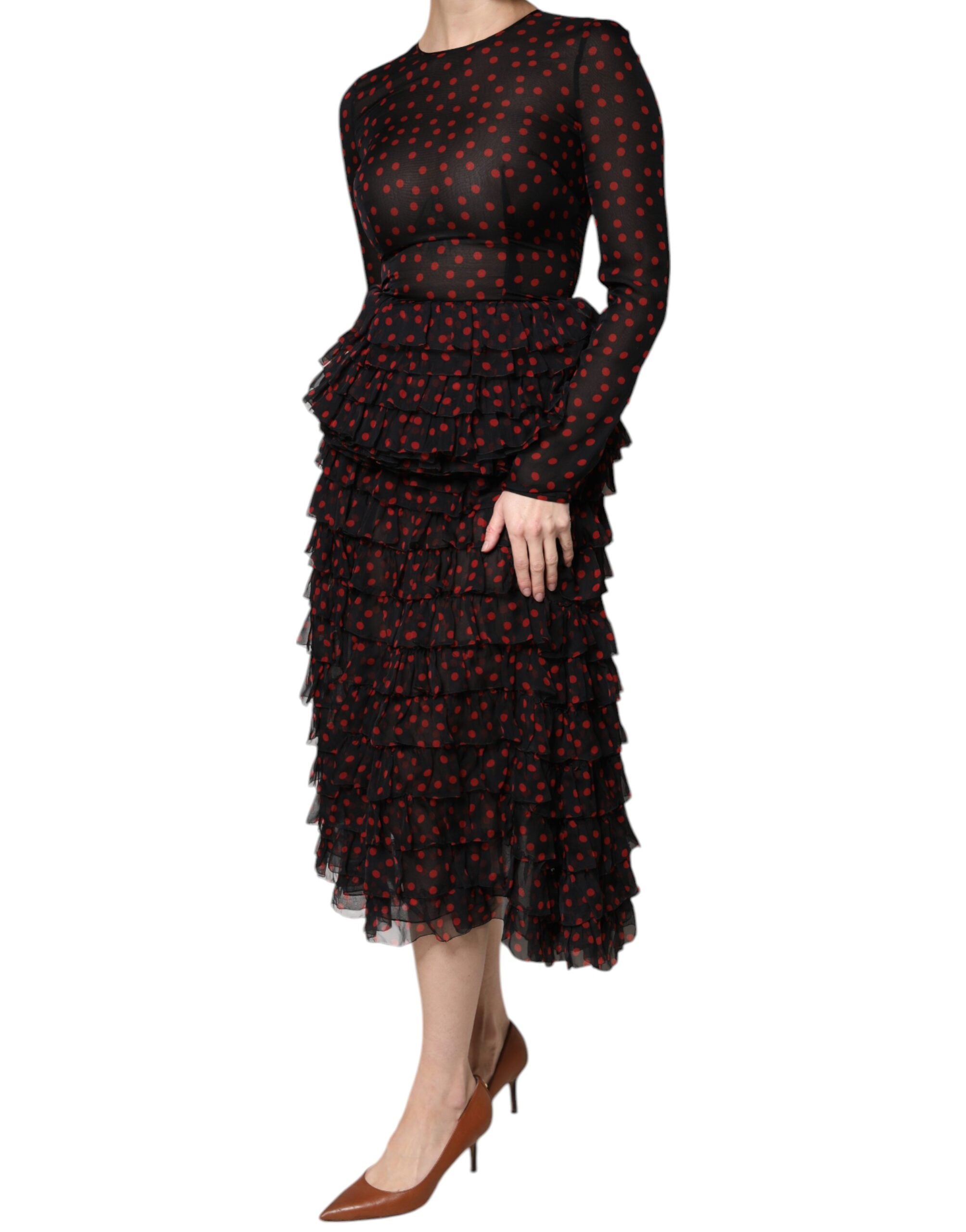 Dolce &amp; Gabbana sort rød polka Dot Silke Layered Midi-kjole