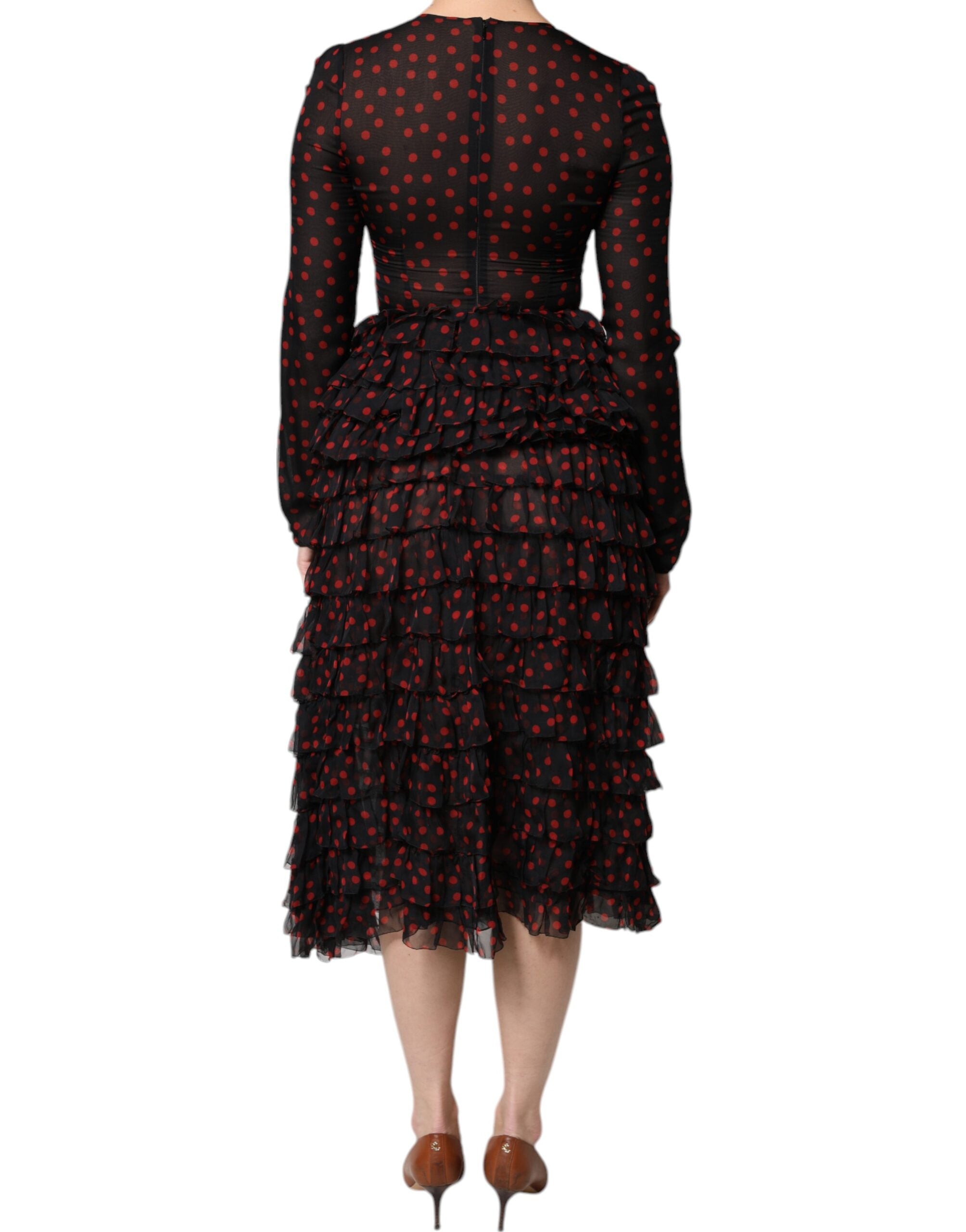 Dolce &amp; Gabbana sort rød polka Dot Silke Layered Midi-kjole