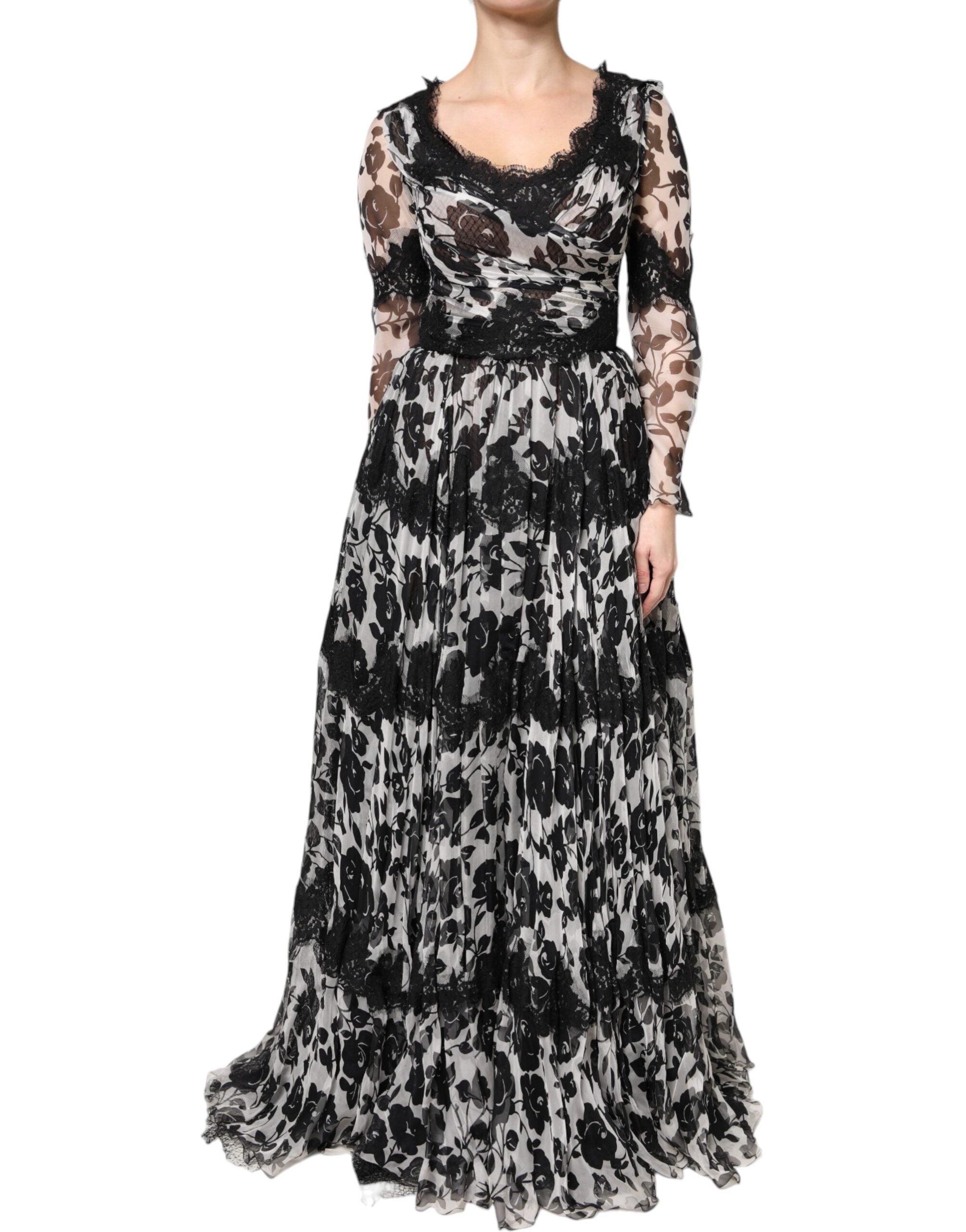 Dolce &amp; Gabbana Sort Silke Floral Lace Ricamo Ball Maxi Kjole
