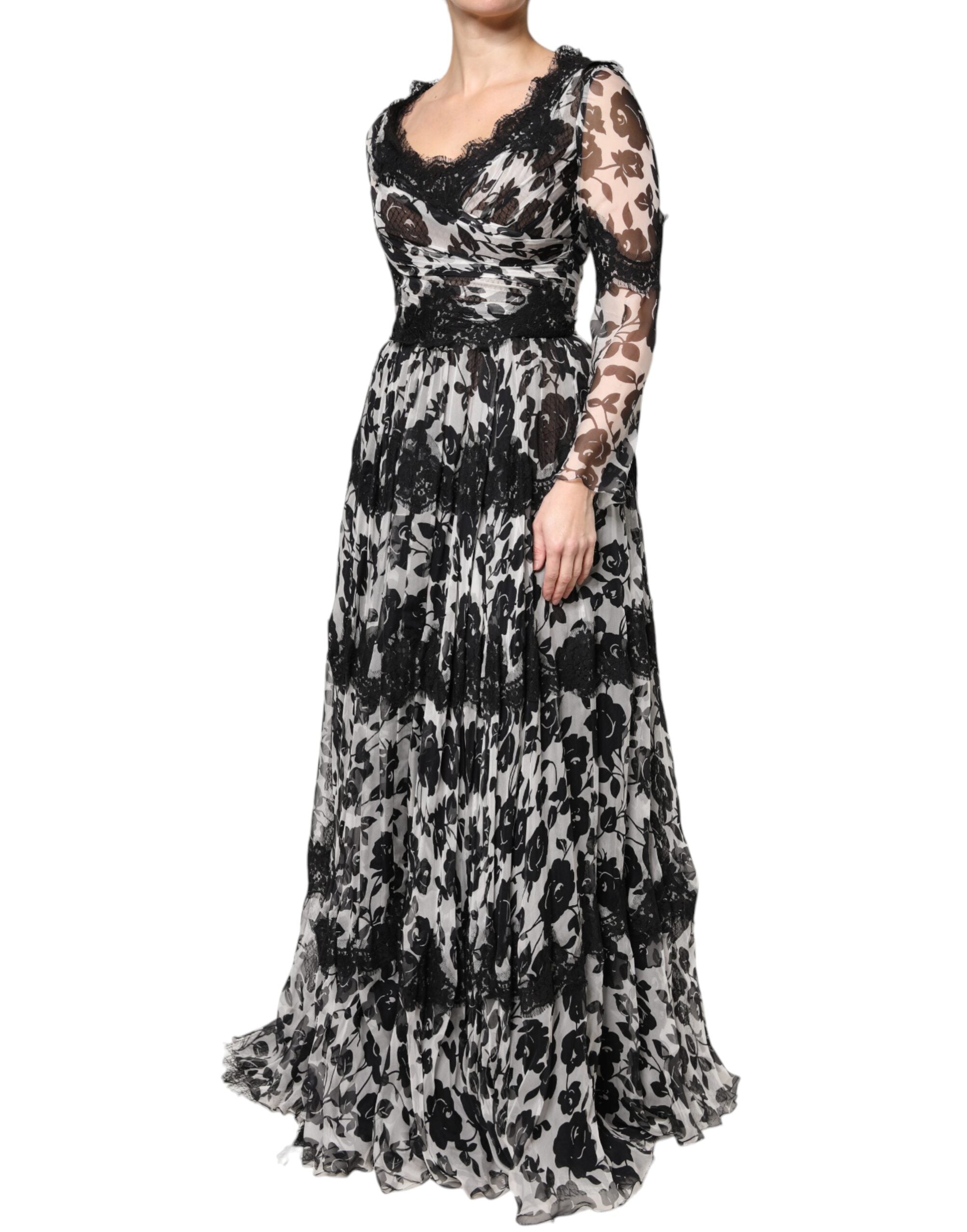 Dolce &amp; Gabbana Sort Silke Floral Lace Ricamo Ball Maxi Kjole