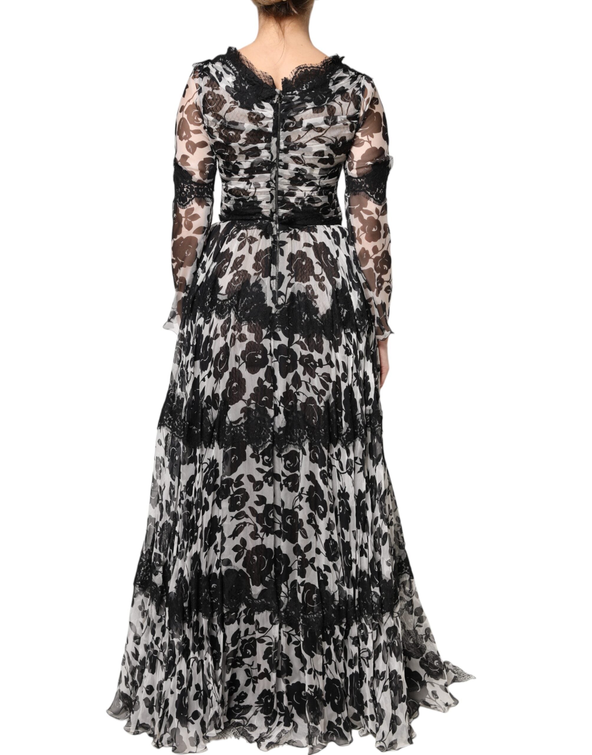 Dolce &amp; Gabbana Sort Silke Floral Lace Ricamo Ball Maxi Kjole