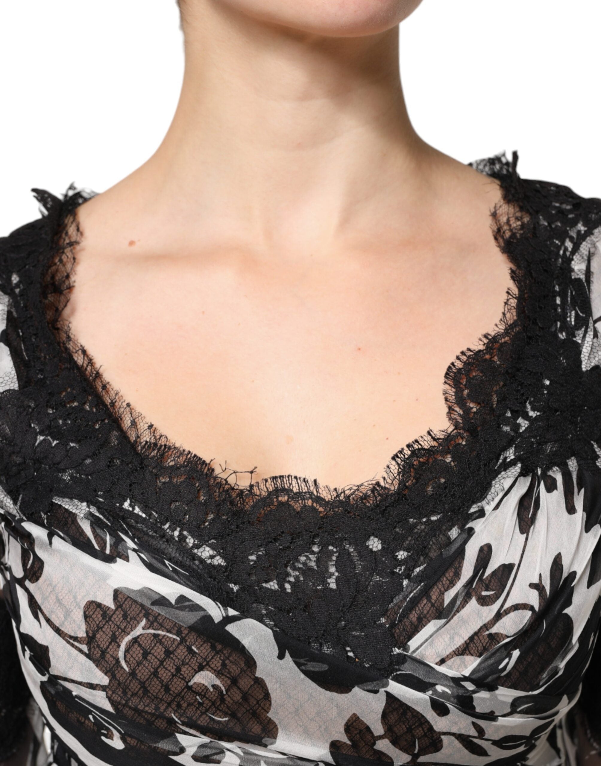 Dolce &amp; Gabbana Sort Silke Floral Lace Ricamo Ball Maxi Kjole