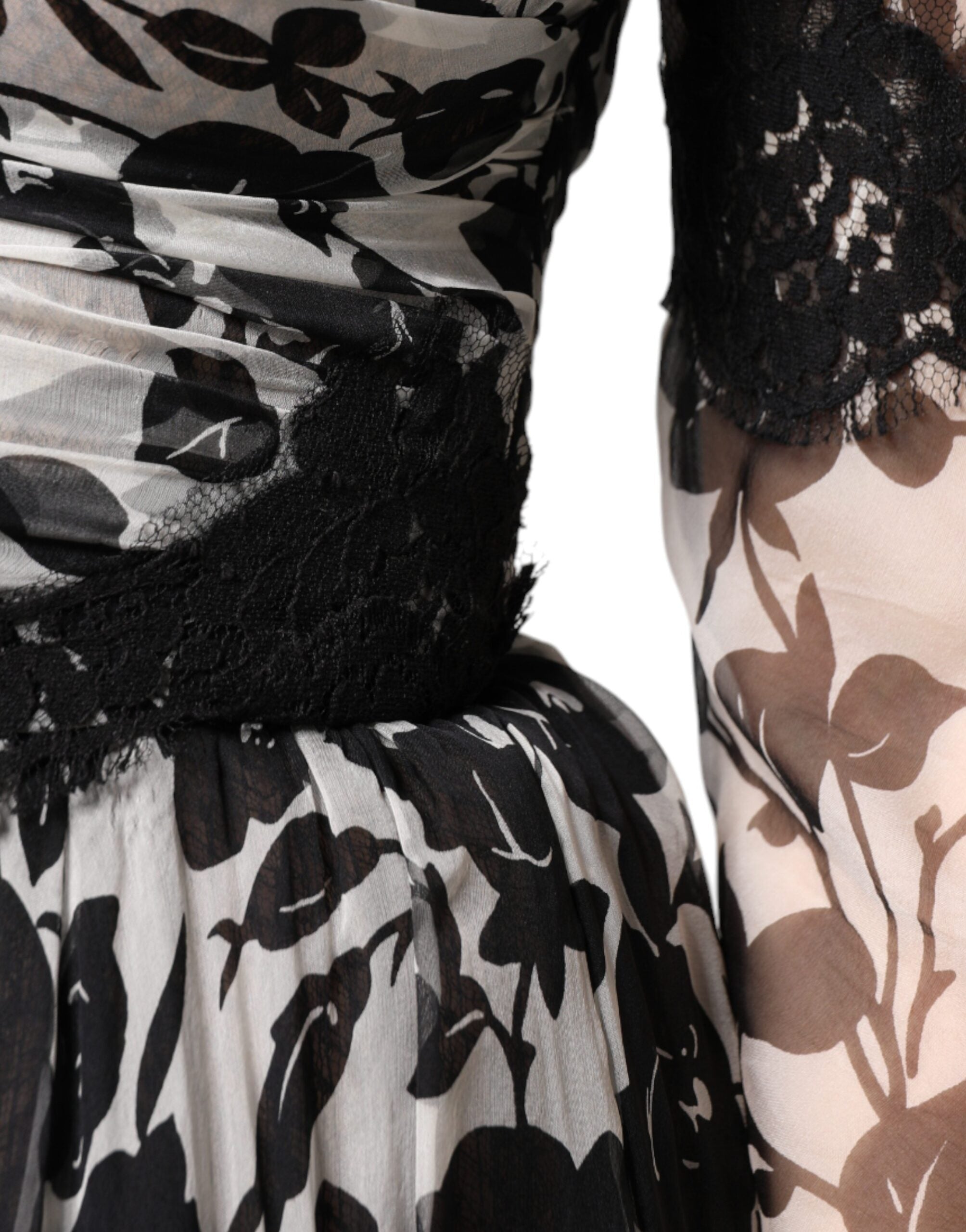 Dolce &amp; Gabbana Sort Silke Floral Lace Ricamo Ball Maxi Kjole