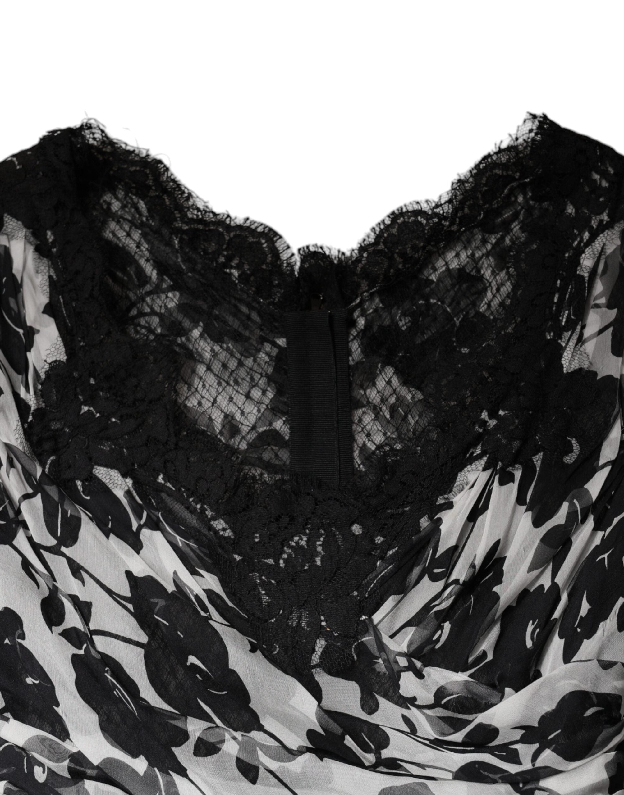 Dolce &amp; Gabbana Sort Silke Floral Lace Ricamo Ball Maxi Kjole