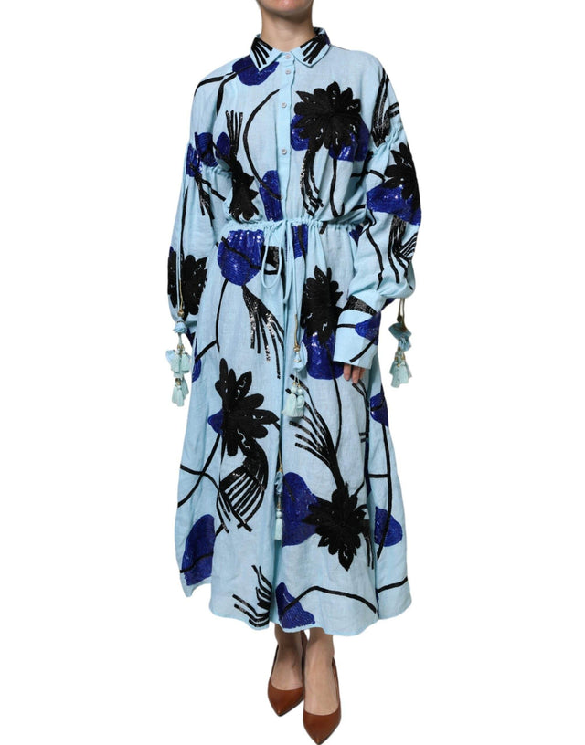 Christian Pellizzari Light Blue Floral Embellished Shirt Maxi Dress - Hilstor