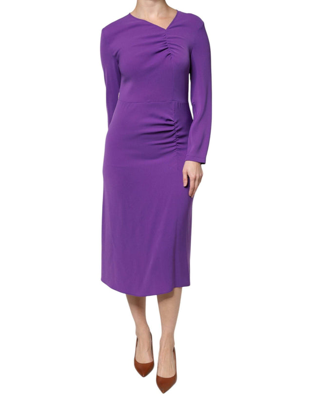 Max Mara Studio Purple Long Sleeves V-neck Sheath Midi Dress - Hilstor