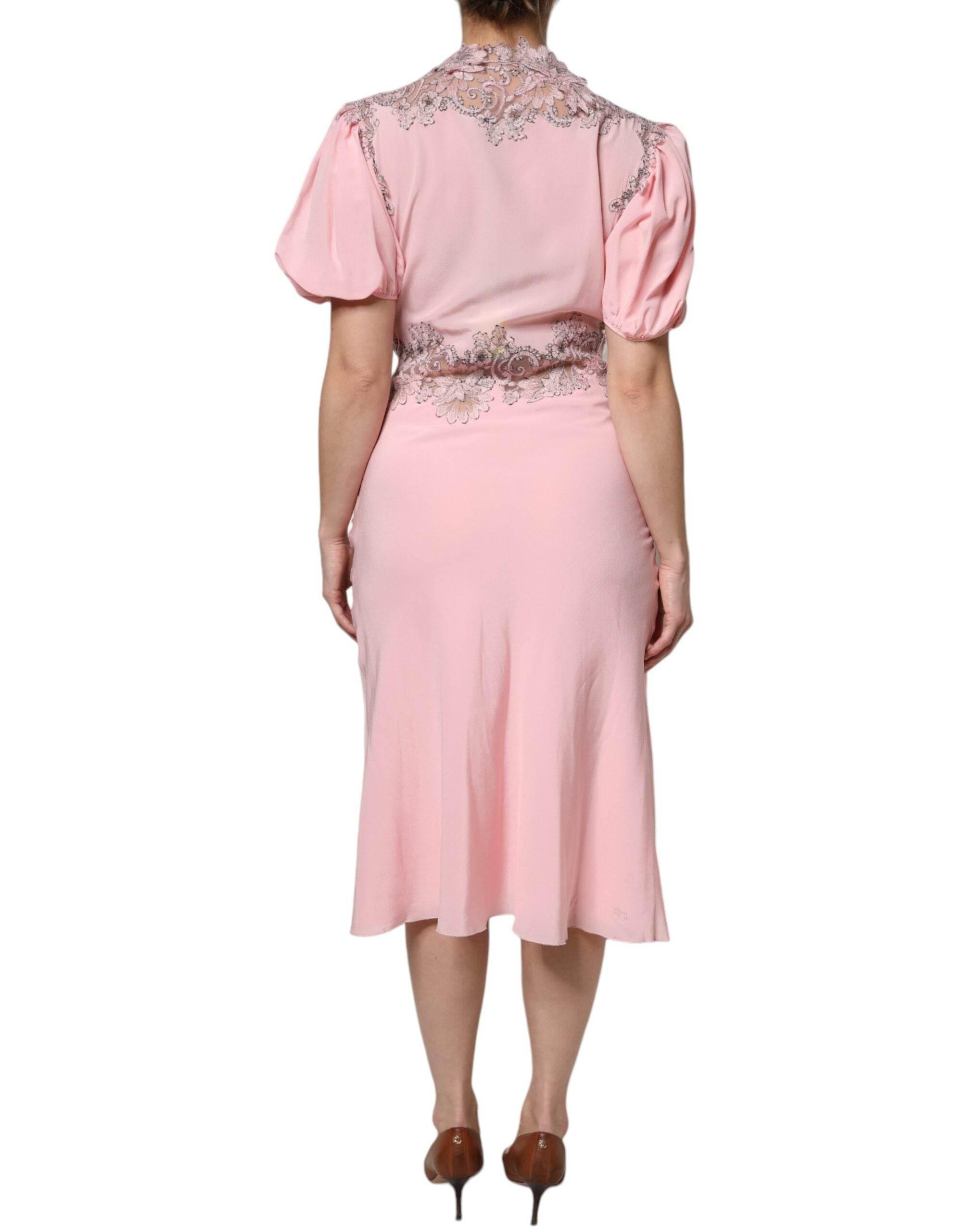 Ermanno Scervino Pink Floral Lace Short Sleeves V-neck Midi Dress - Hilstor