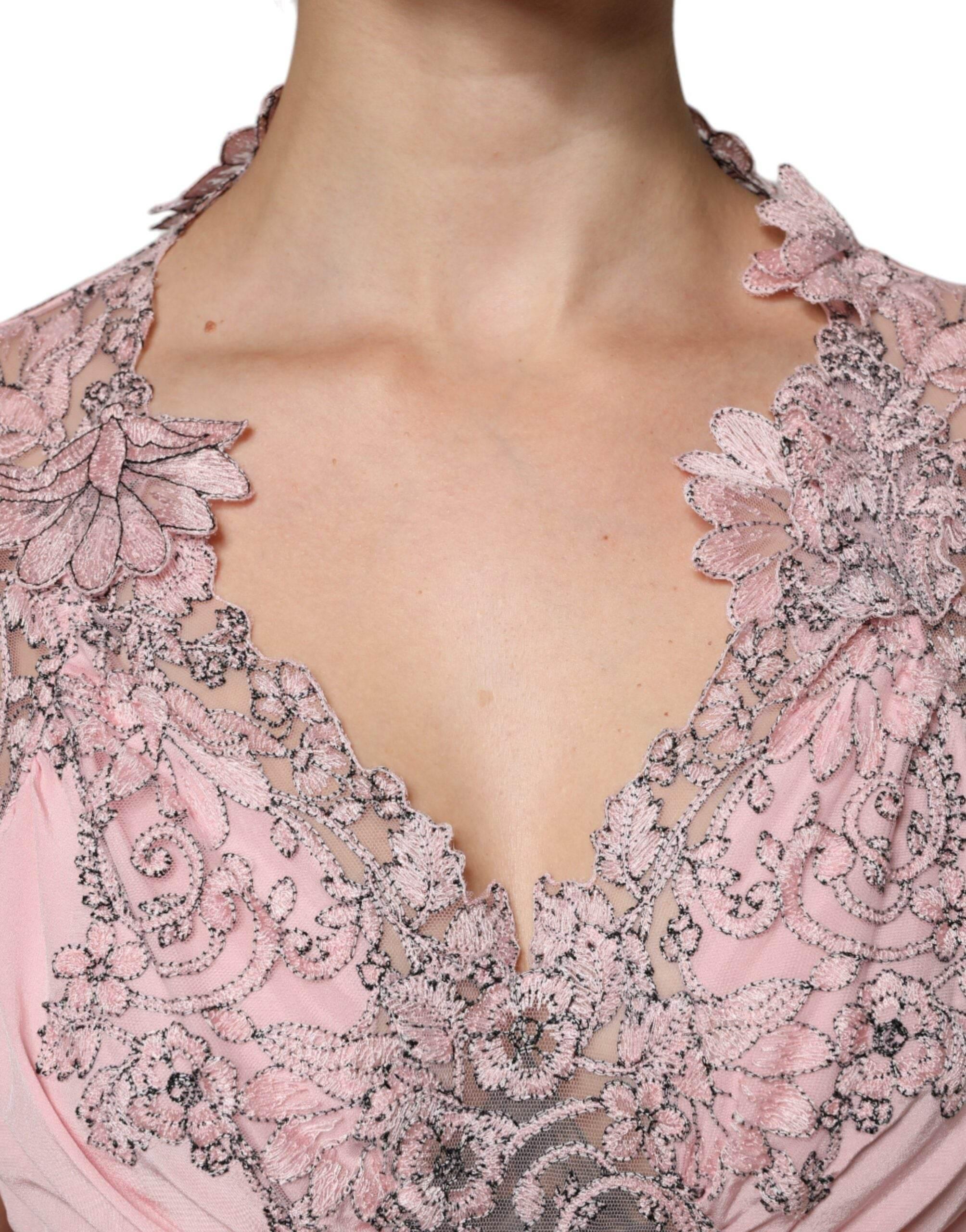 Ermanno Scervino Pink Floral Lace Short Sleeves V-neck Midi Dress - Hilstor