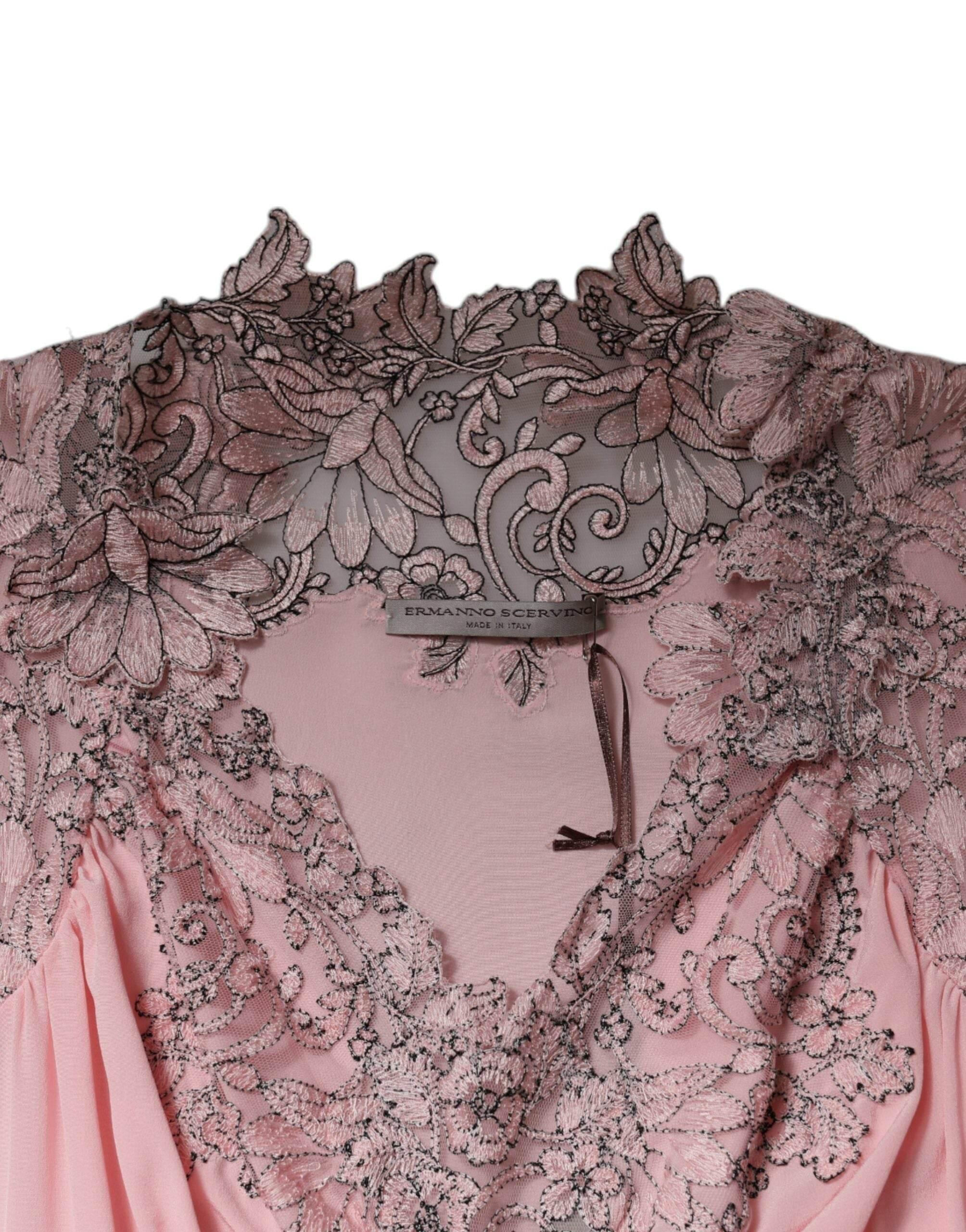 Ermanno Scervino Pink Floral Lace Short Sleeves V-neck Midi Dress - Hilstor