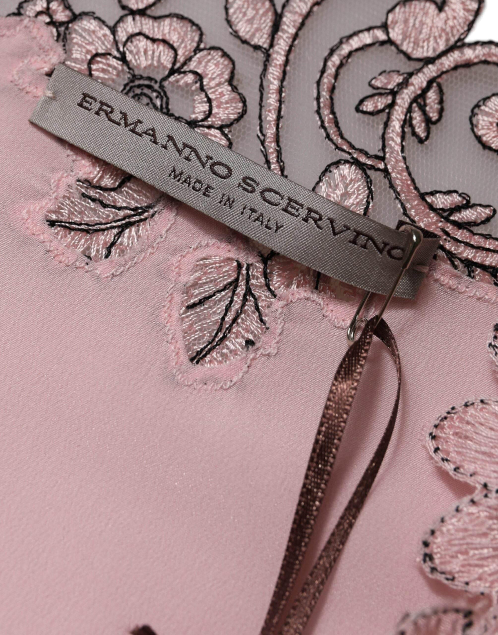 Ermanno Scervino Pink Floral Lace Short Sleeves V-neck Midi Dress - Hilstor