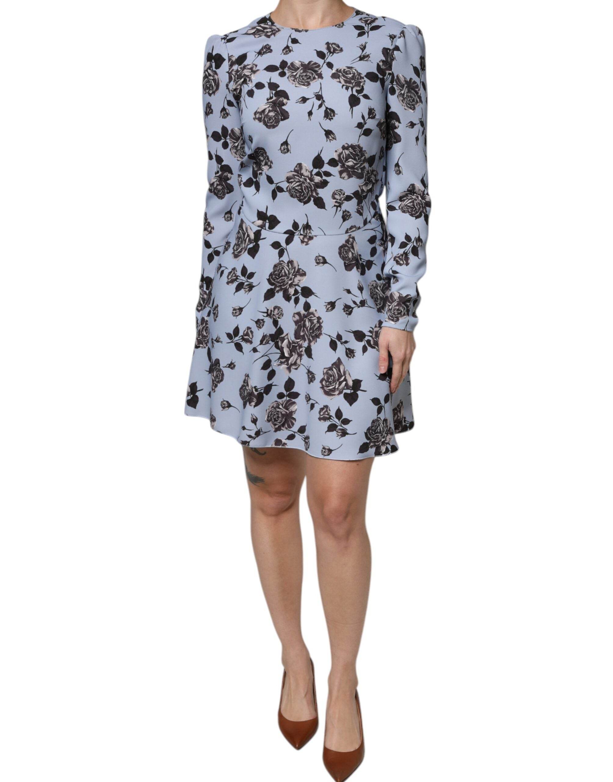 Valentino Light Blue Floral Long Sleeves A-line Mini Dress - Hilstor