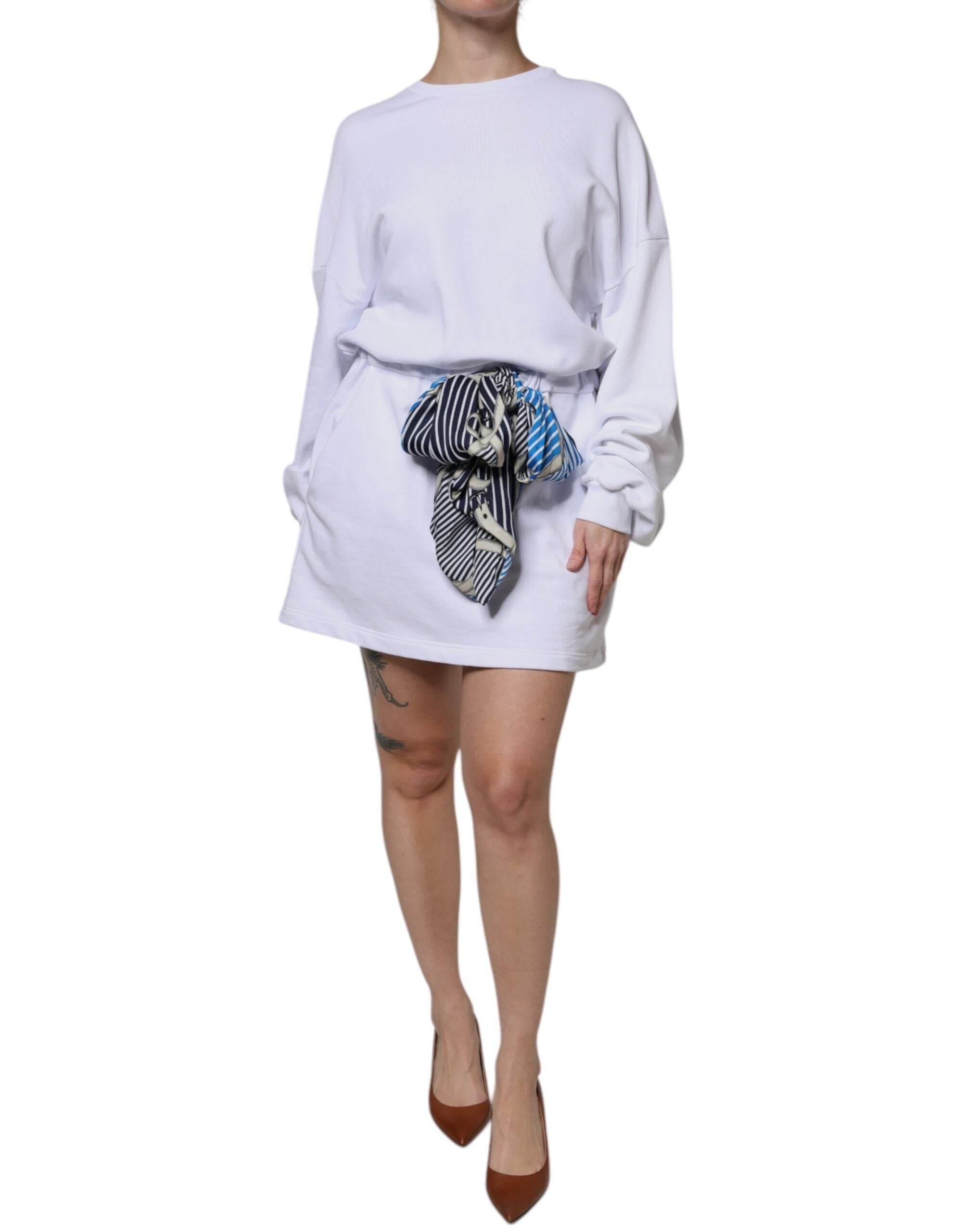 MSGM White Cotton Belted Long Sleeves Crew Neck Mini Dress - Hilstor