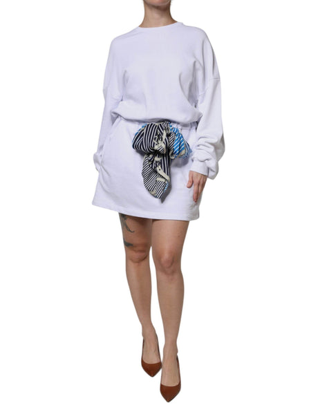 MSGM White Cotton Belted Long Sleeves Crew Neck Mini Dress - Hilstor