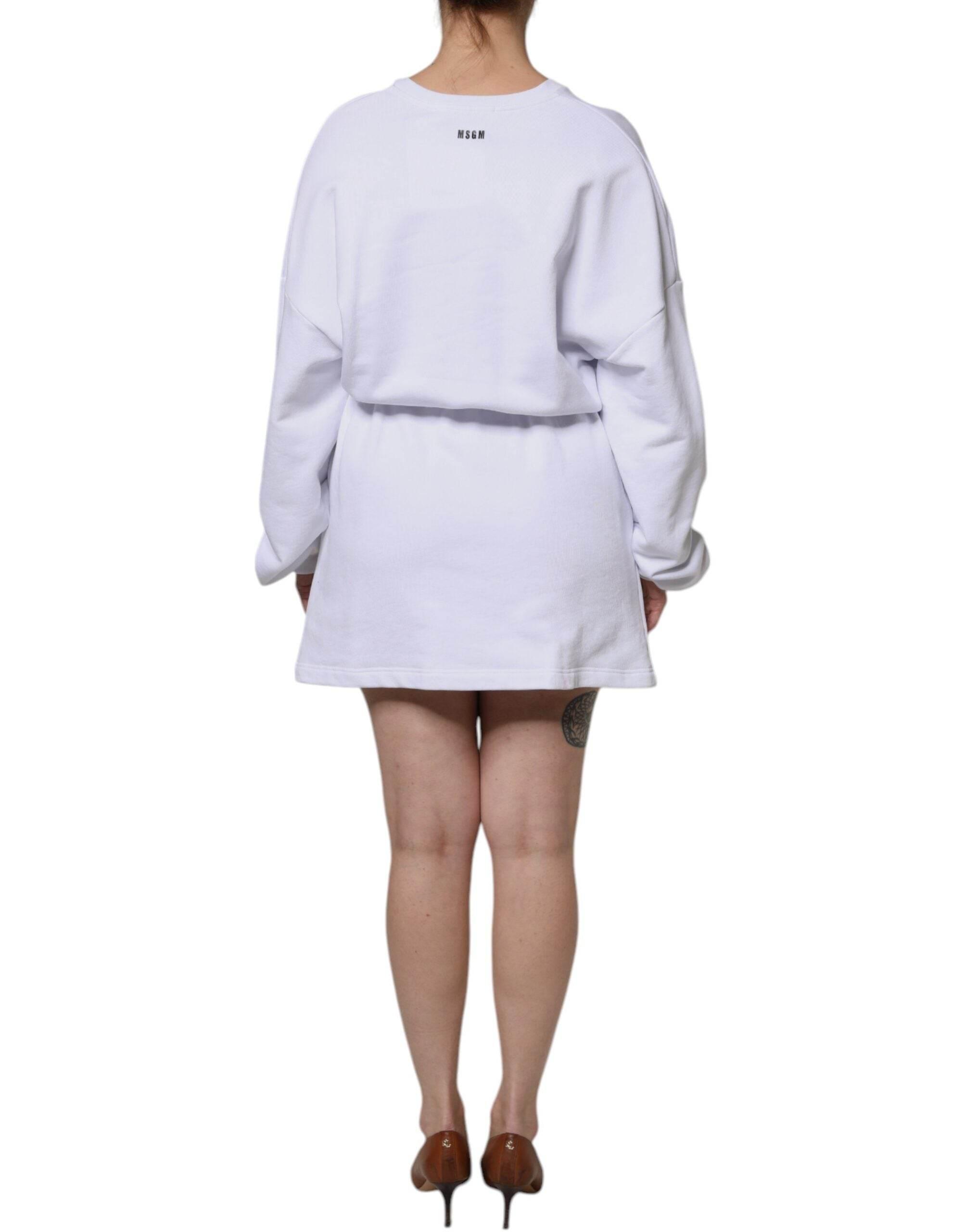 MSGM White Cotton Belted Long Sleeves Crew Neck Mini Dress - Hilstor