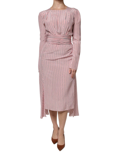 Ermanno Scervino Pink Stripes Silk Long Sleeves Midi Dress - Hilstor