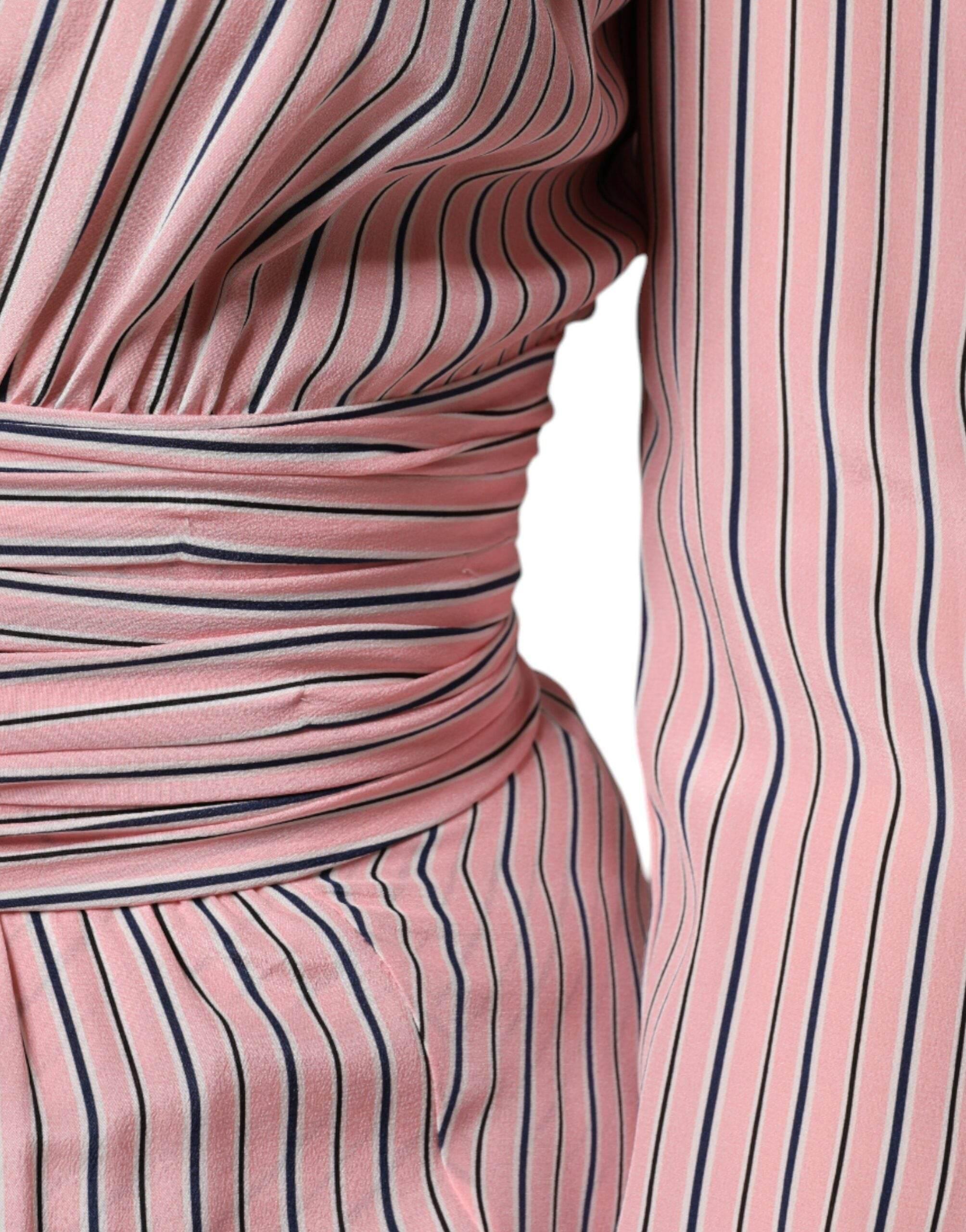 Ermanno Scervino Pink Stripes Silk Long Sleeves Midi Dress - Hilstor