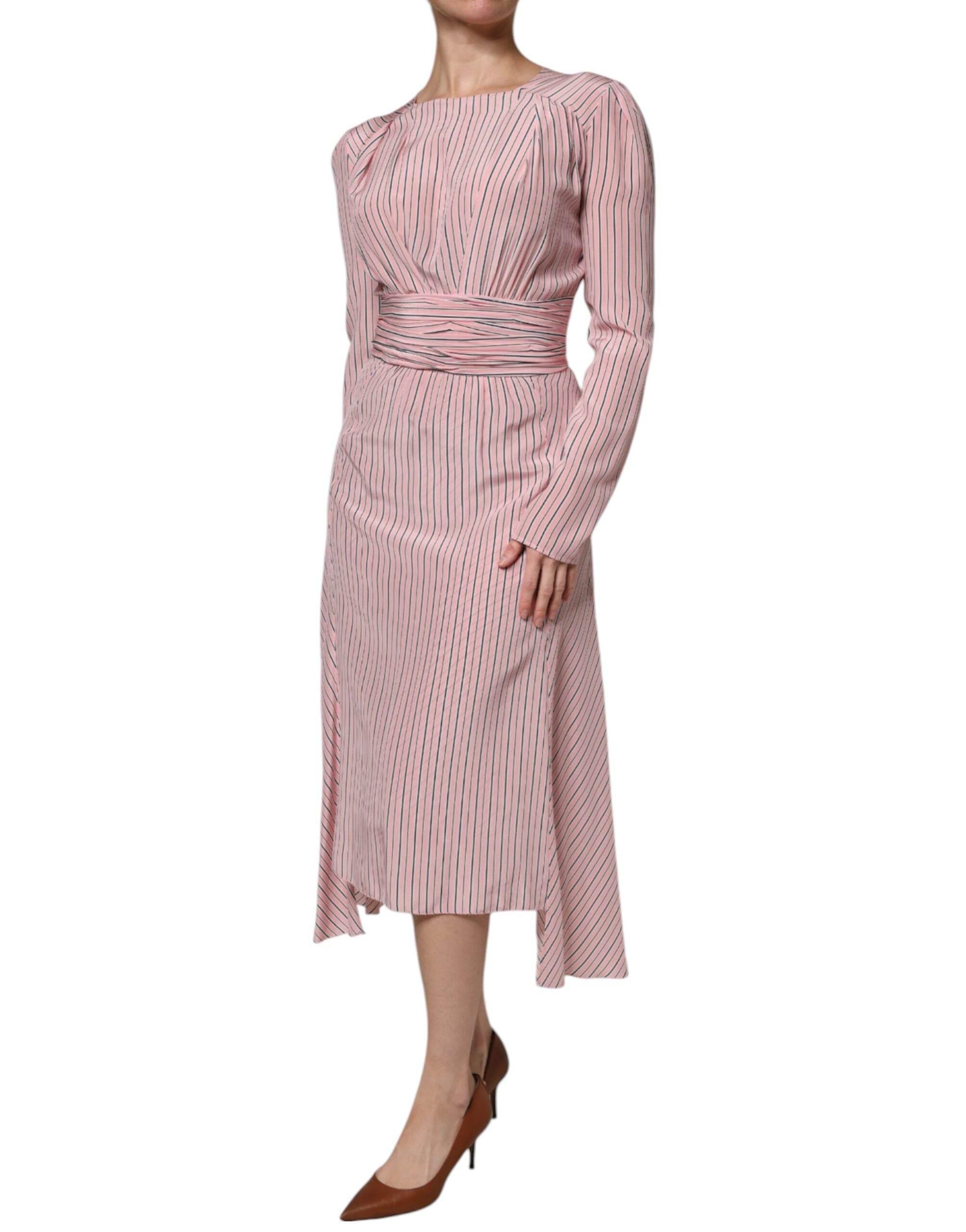 Ermanno Scervino Pink Stripes Silk Long Sleeves Midi Dress - Hilstor