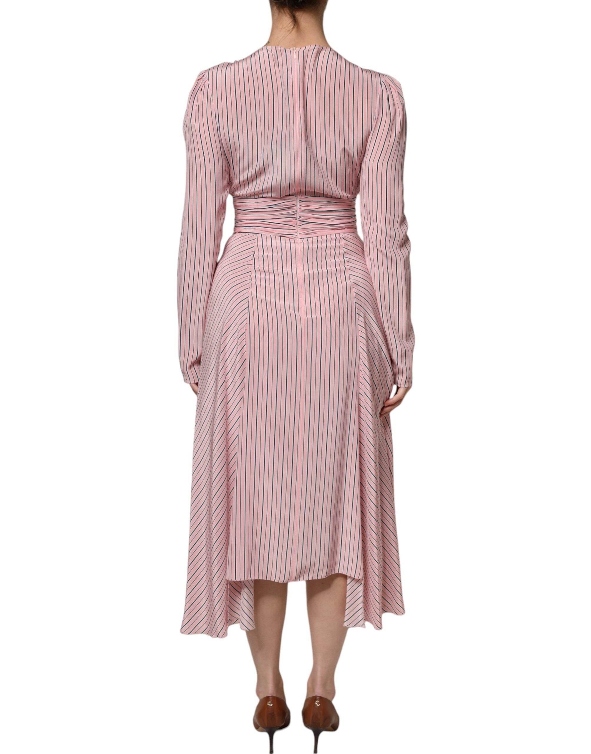 Ermanno Scervino Pink Stripes Silk Long Sleeves Midi Dress - Hilstor
