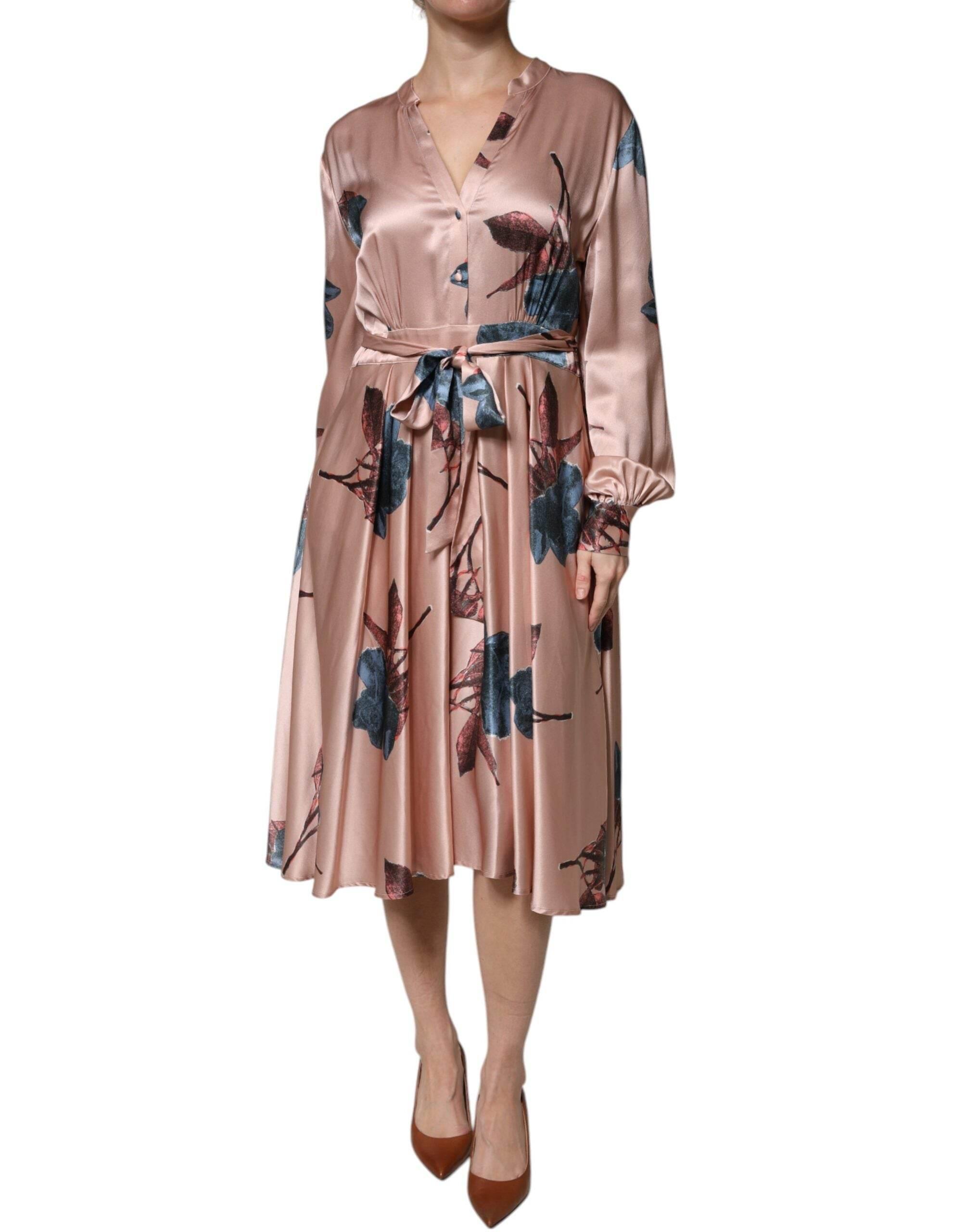 L'Autre Chose Pink Satin Floral Long Sleeves A-line Midi Dress - Hilstor