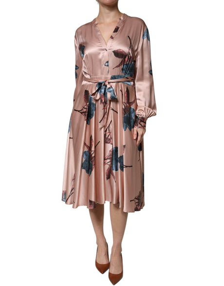 L'Autre Chose Pink Satin Floral Long Sleeves A-line Midi Dress - Hilstor