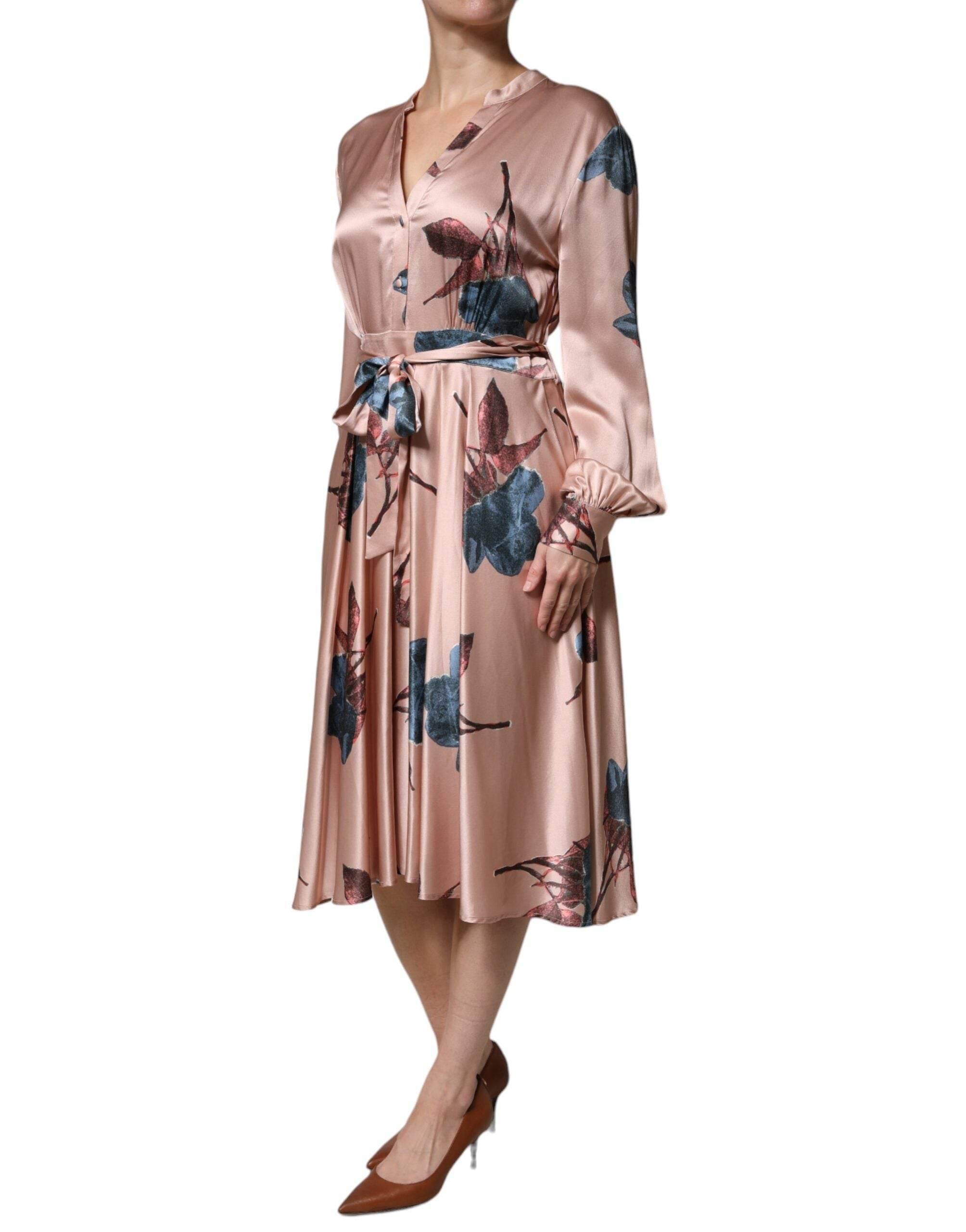 L'Autre Chose Pink Satin Floral Long Sleeves A-line Midi Dress - Hilstor
