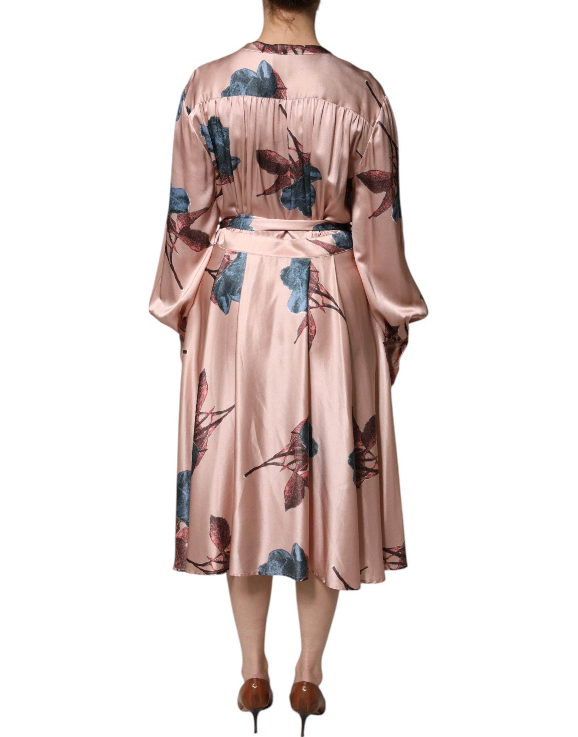 L'Autre Chose Pink Satin Floral Long Sleeves A-line Midi Dress - Hilstor