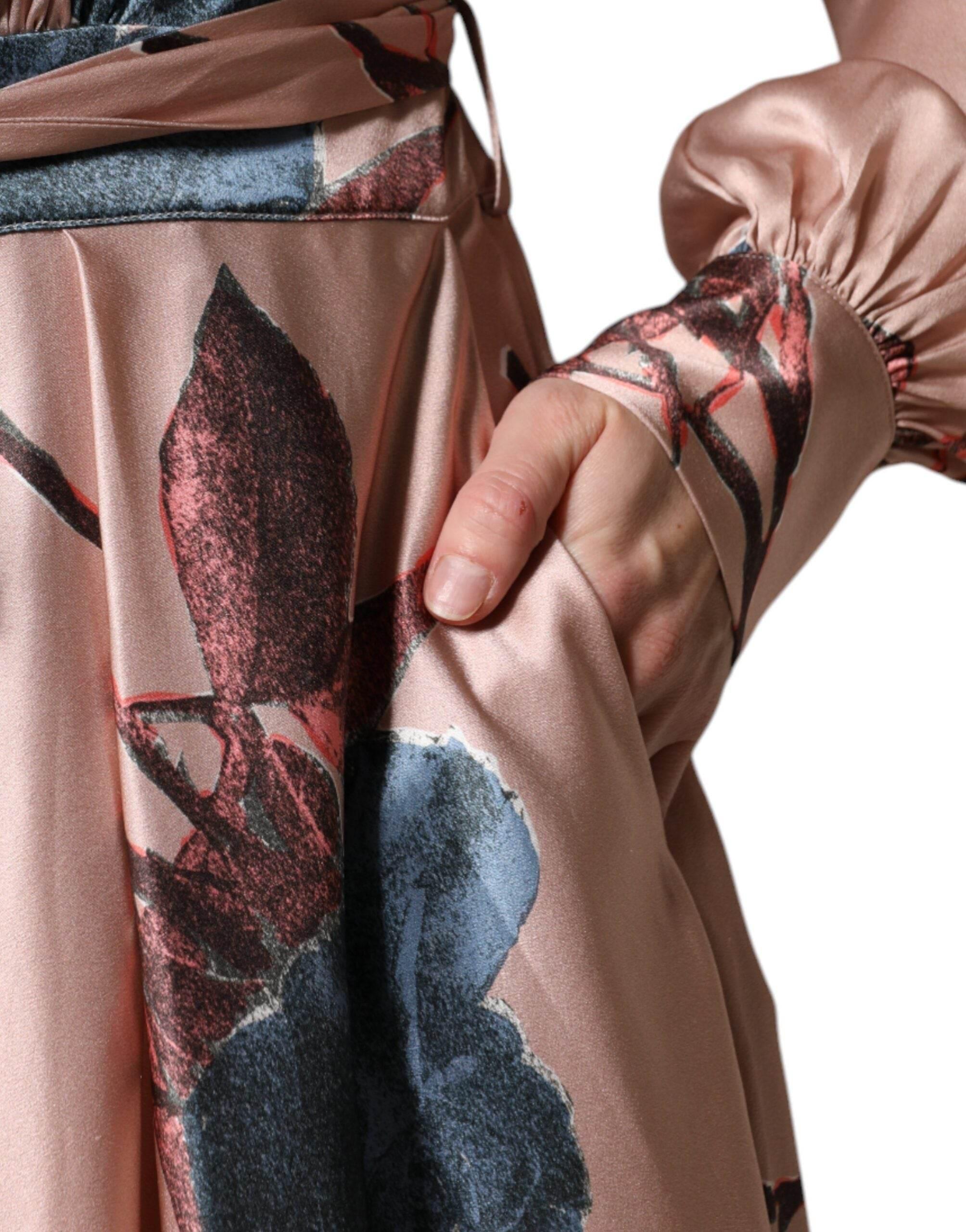 L'Autre Chose Pink Satin Floral Long Sleeves A-line Midi Dress - Hilstor