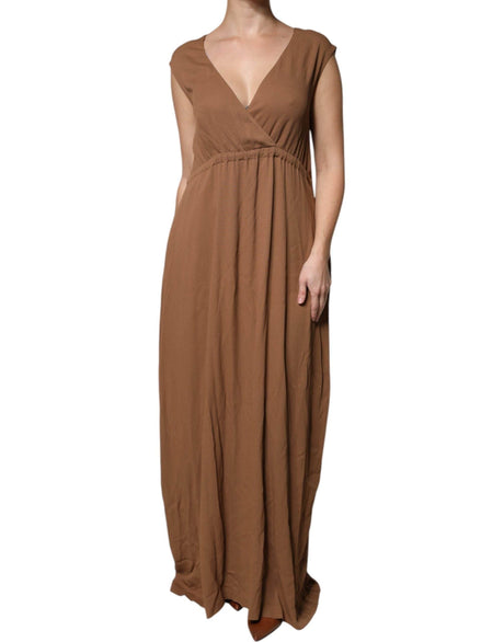 Fabiana Filippi Brown Sleeveless Deep V-neck A-line Long Maxi Dress - Hilstor