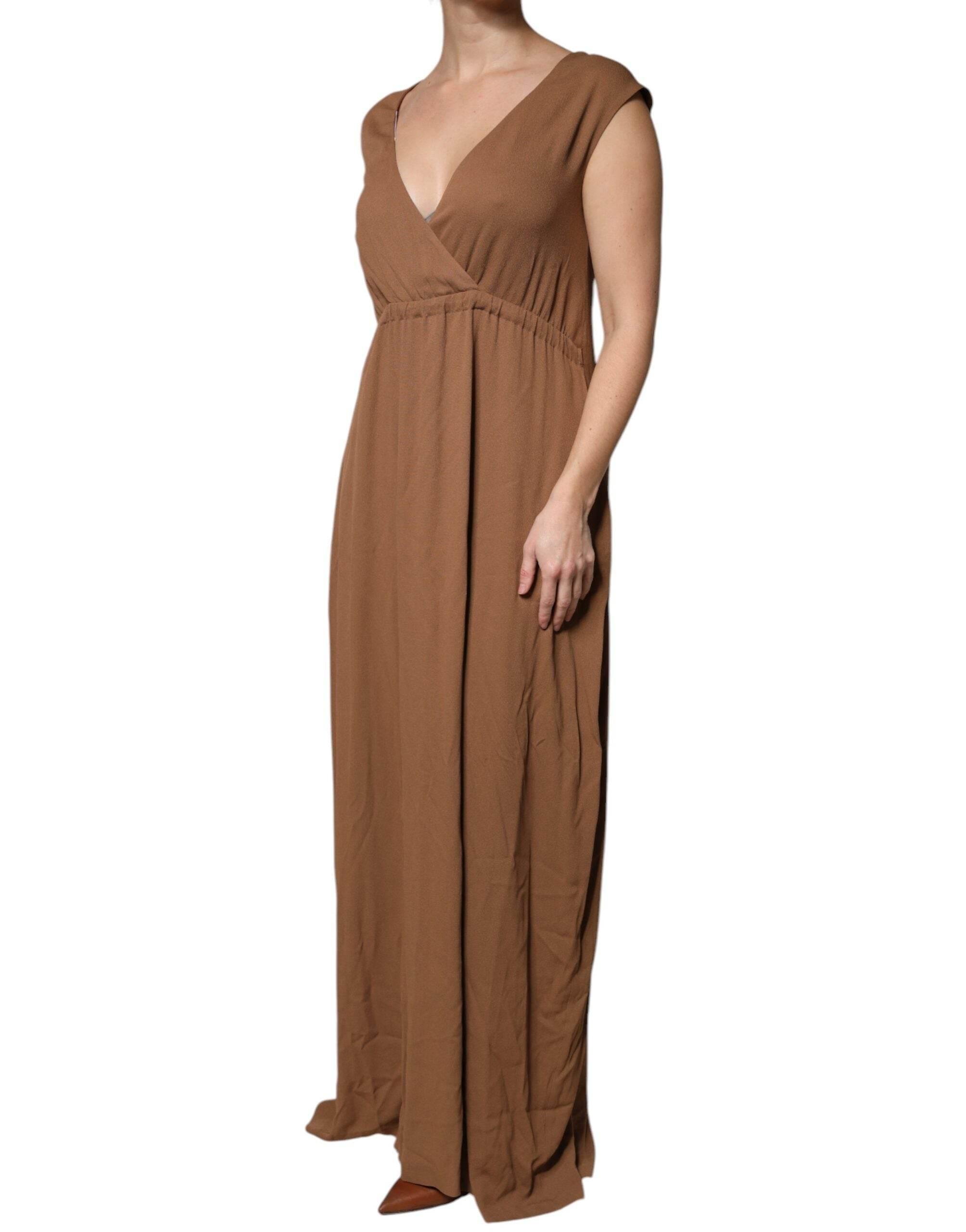Fabiana Filippi Brown Sleeveless Deep V-neck A-line Long Maxi Dress - Hilstor