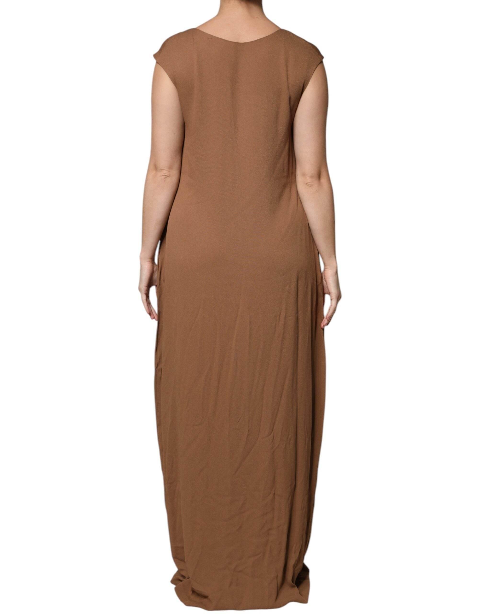 Fabiana Filippi Brown Sleeveless Deep V-neck A-line Long Maxi Dress - Hilstor