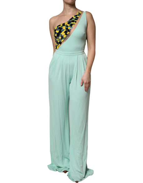 Elisabetta Franchi Mint Green One Shoulder Long Jumpsuit Dress - Hilstor
