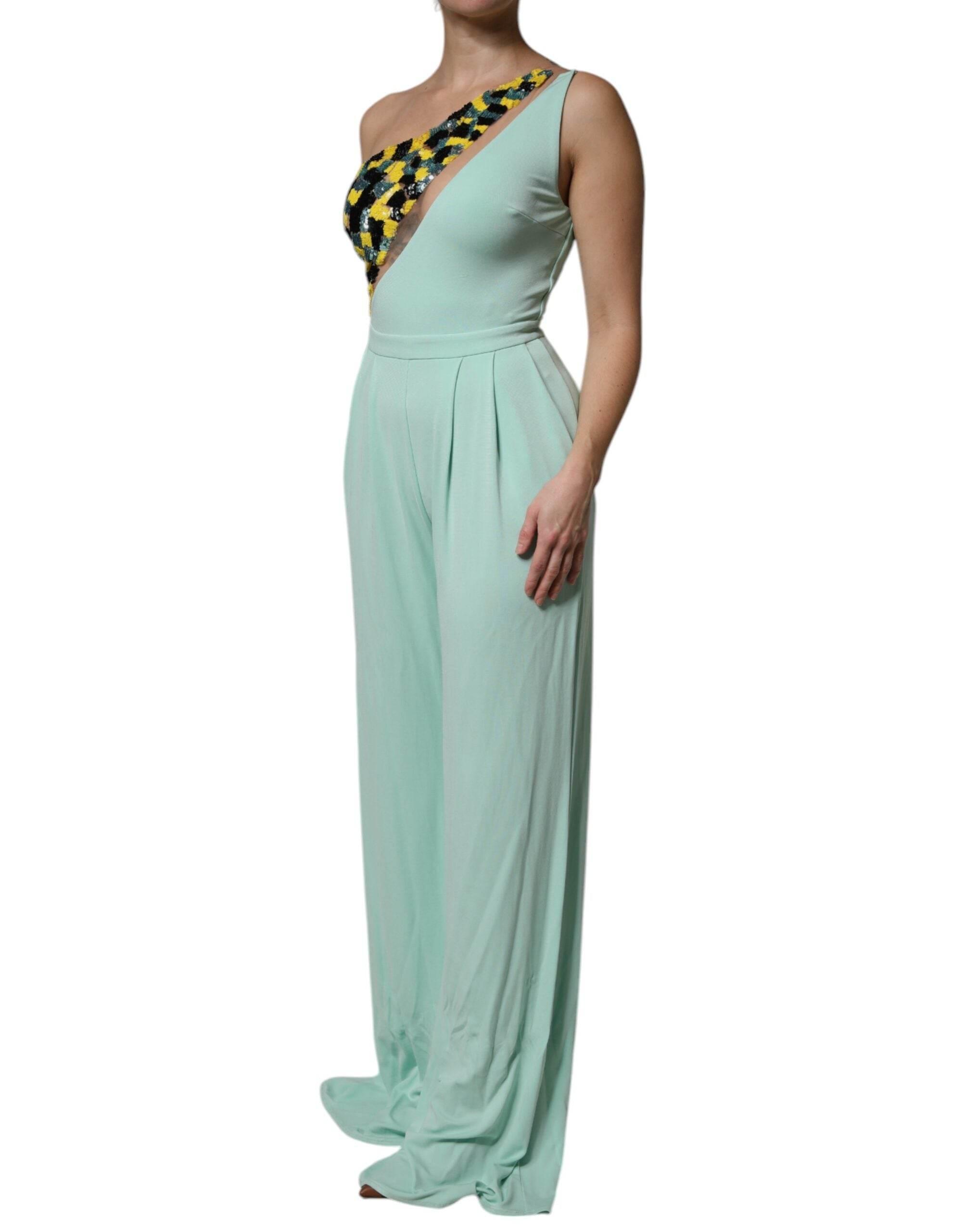 Elisabetta Franchi Mint Green One Shoulder Long Jumpsuit Dress - Hilstor