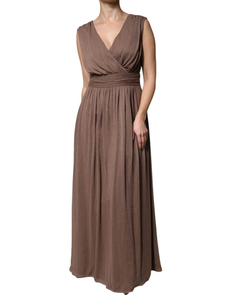Peserico Brown Sleeveless Deep V-neck A-line Long Maxi Dress - Hilstor
