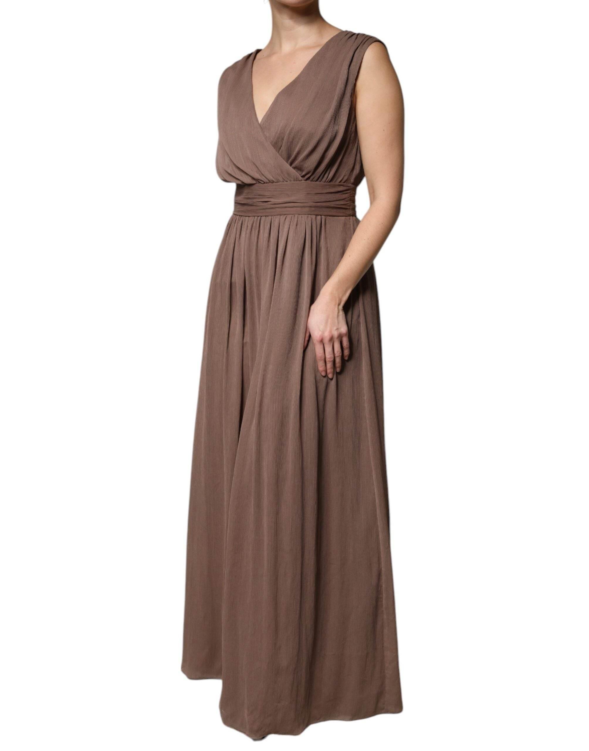 Peserico Brown Sleeveless Deep V-neck A-line Long Maxi Dress - Hilstor