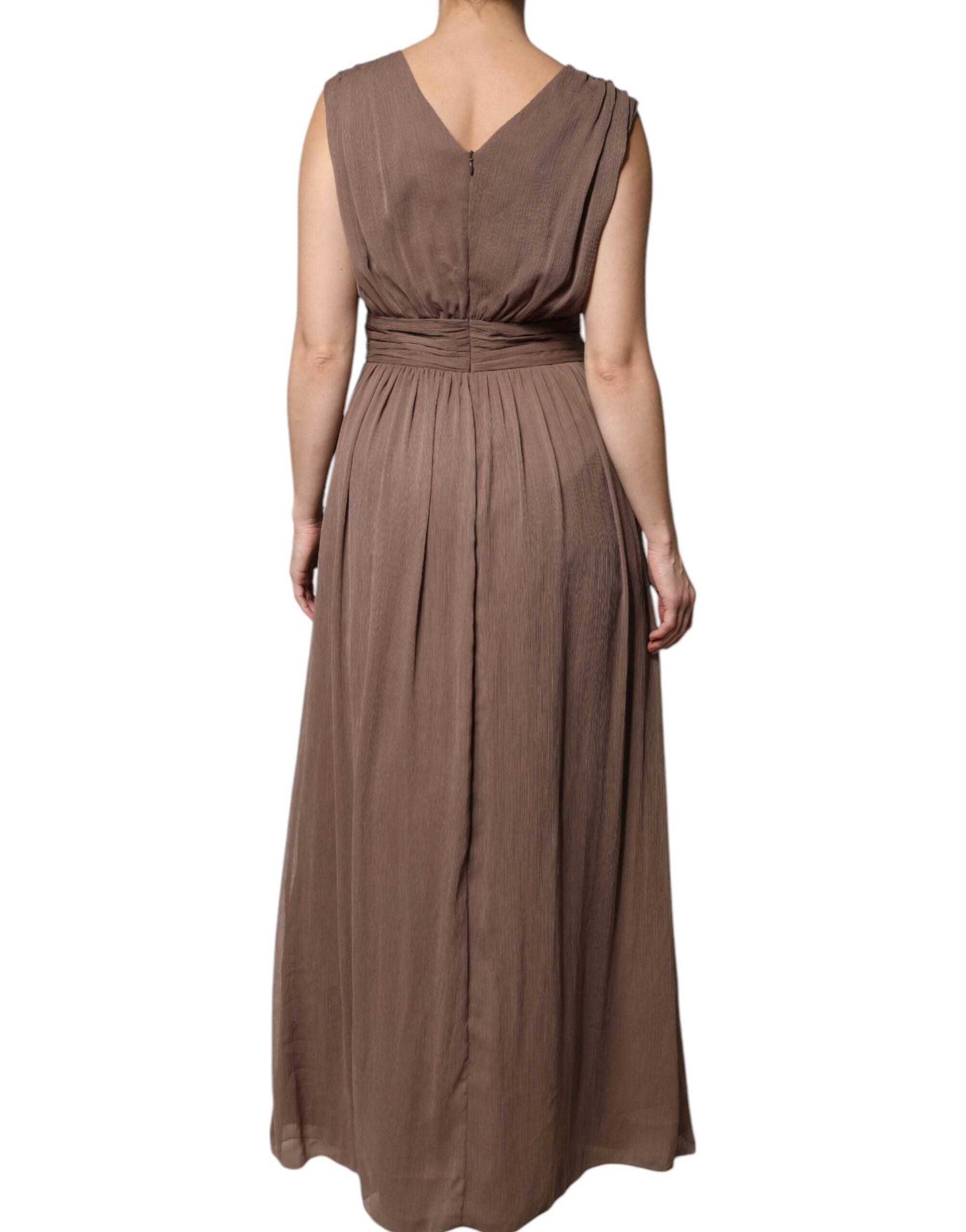Peserico Brown Sleeveless Deep V-neck A-line Long Maxi Dress - Hilstor
