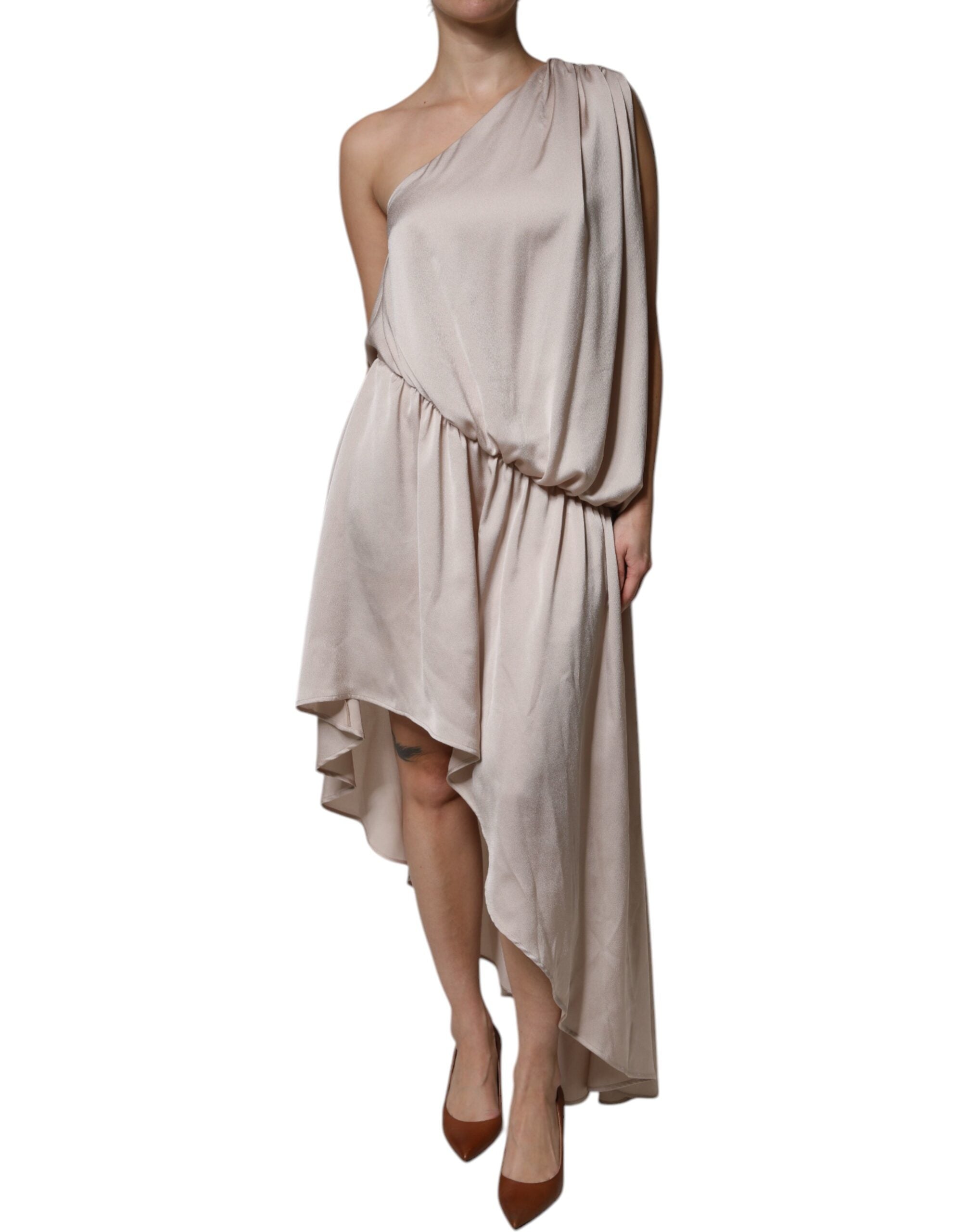 Christian Pellizzari Beige One Shoulder Asymmetrisk Drapering Dress