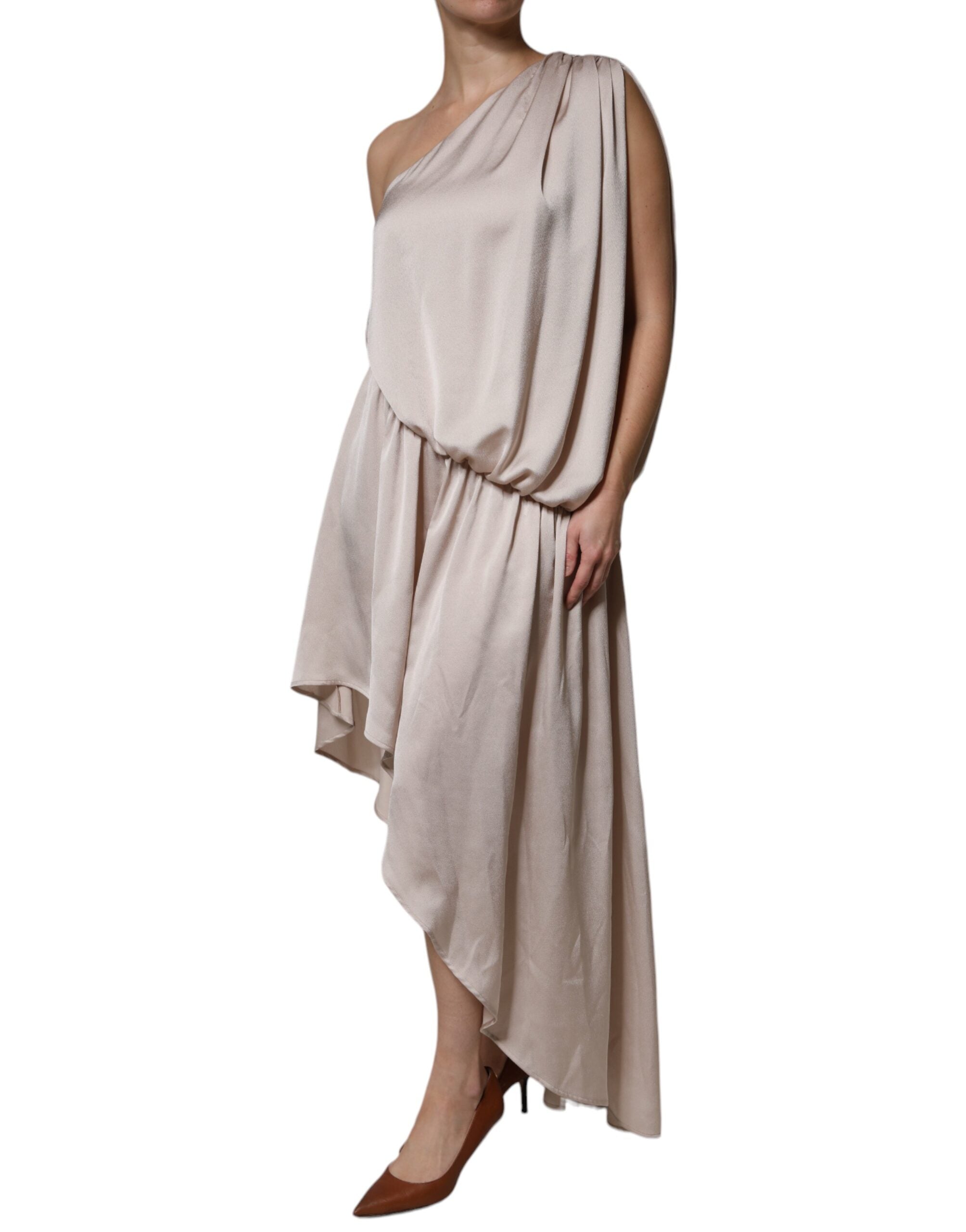 Christian Pellizzari Beige One Shoulder Asymmetrisk Drapering Dress