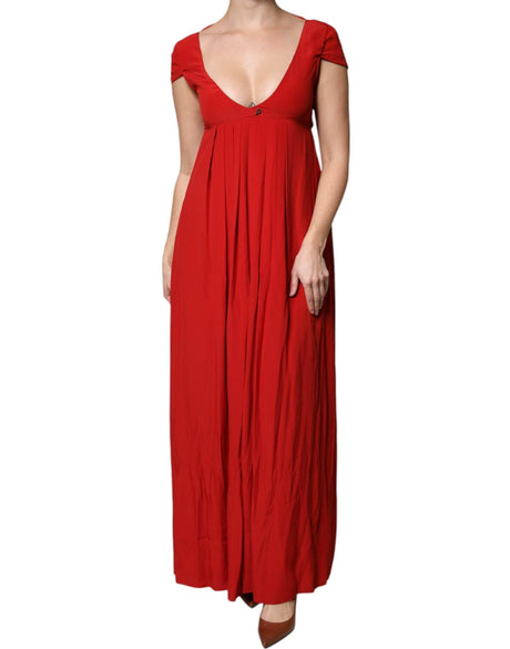 Dondup Red Acetate Short Sleeves Plunging Neckline Maxi Dress - Hilstor