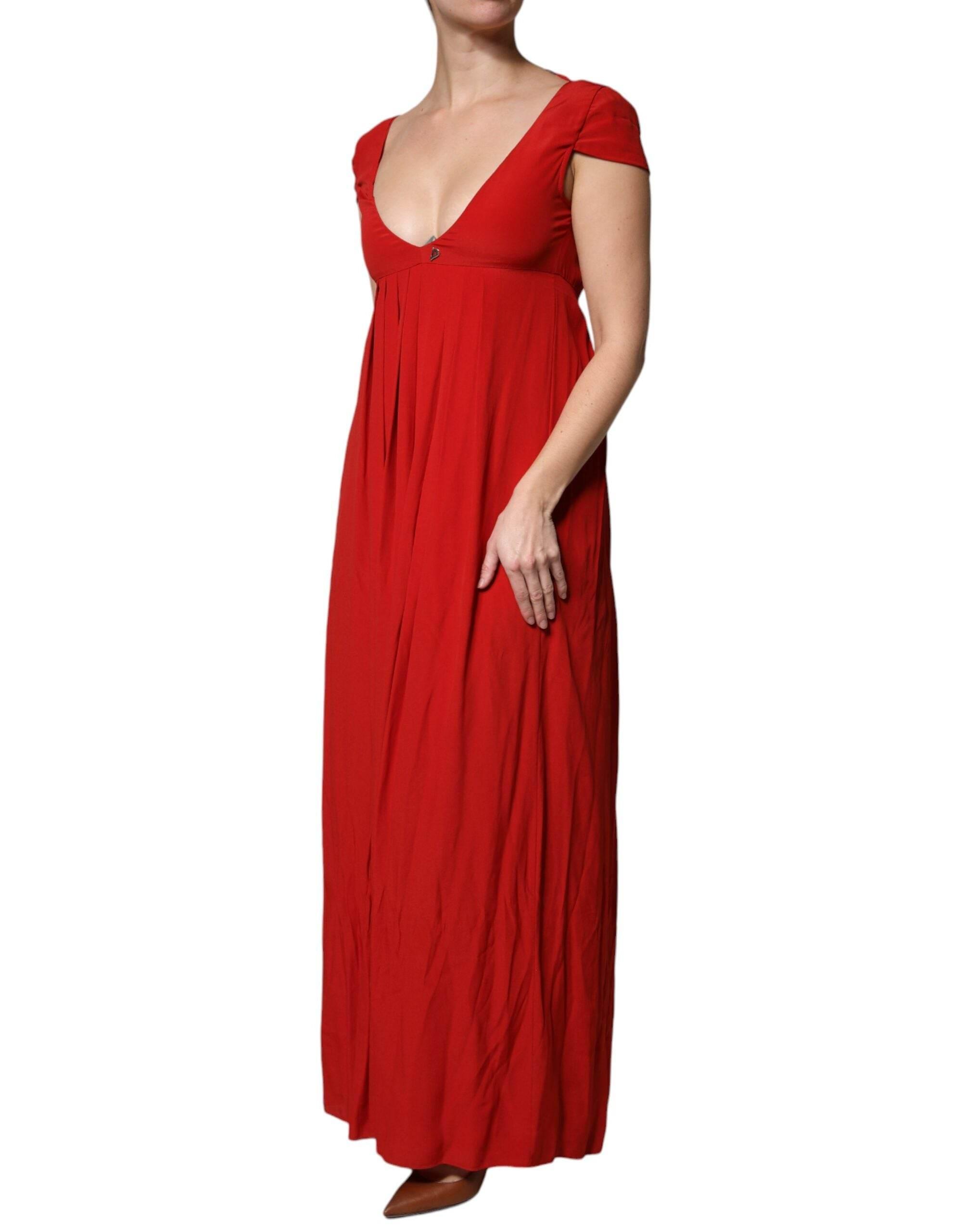 Dondup Red Acetate Short Sleeves Plunging Neckline Maxi Dress - Hilstor