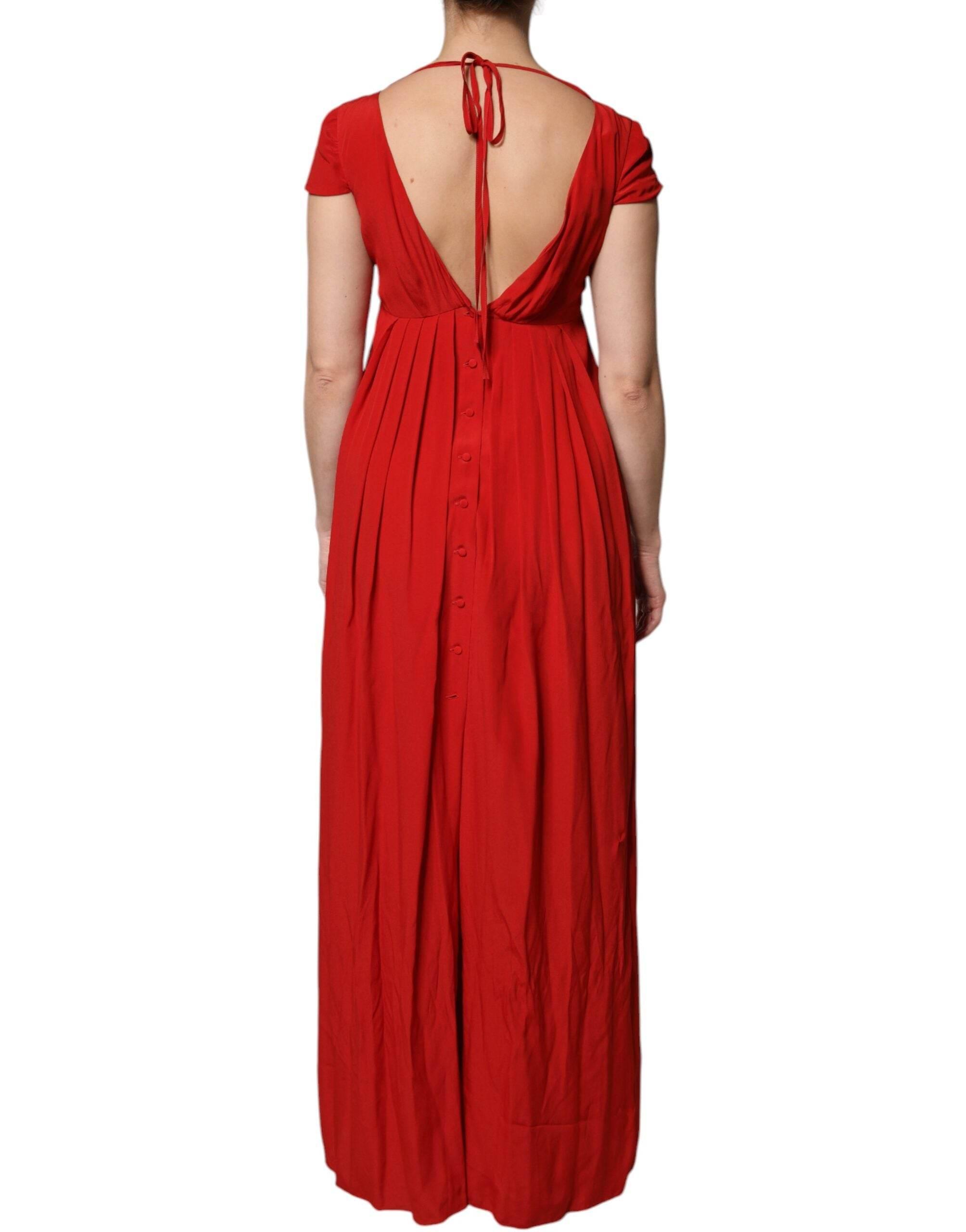 Dondup Red Acetate Short Sleeves Plunging Neckline Maxi Dress - Hilstor