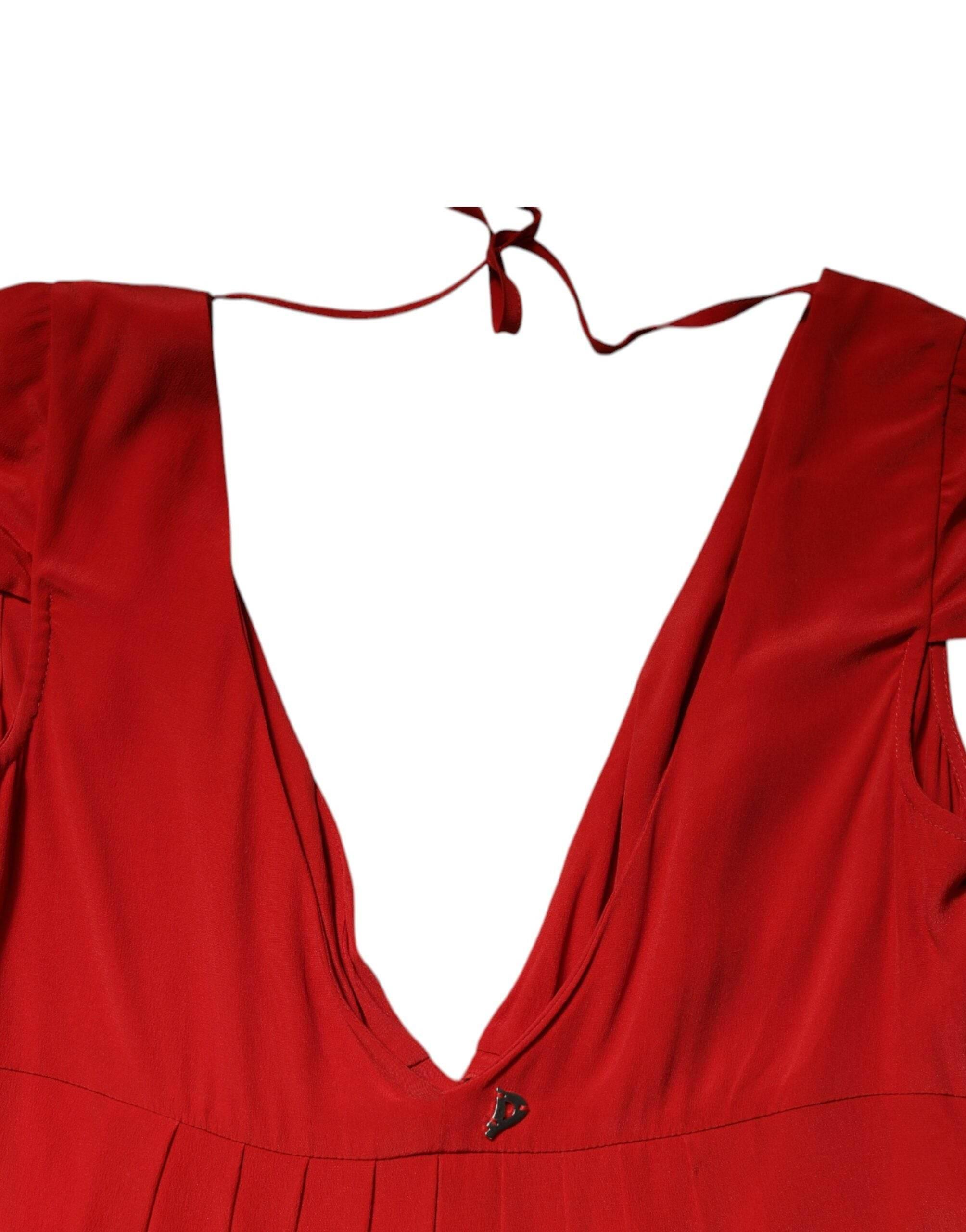 Dondup Red Acetate Short Sleeves Plunging Neckline Maxi Dress - Hilstor