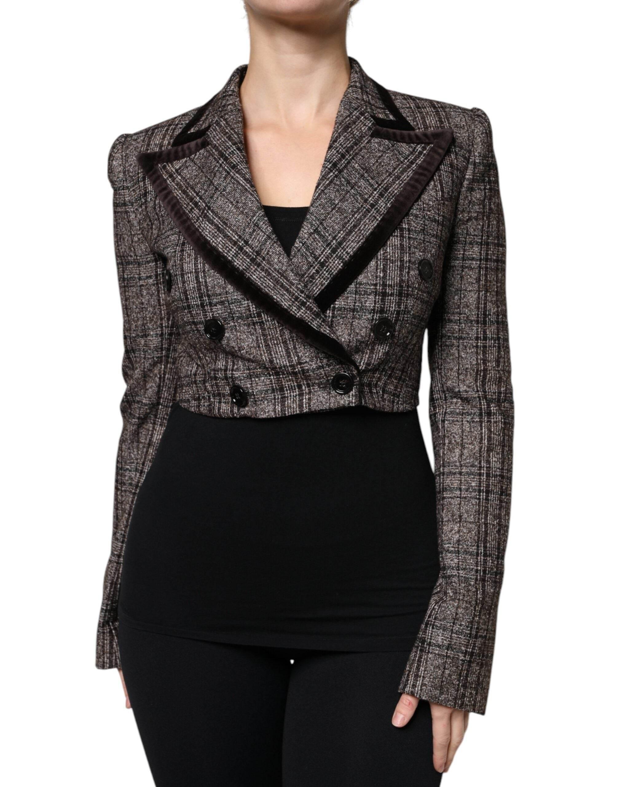 Dolce & Gabbana Brown Plaid Long Sleeve Cropped Coat Jacket - Hilstor