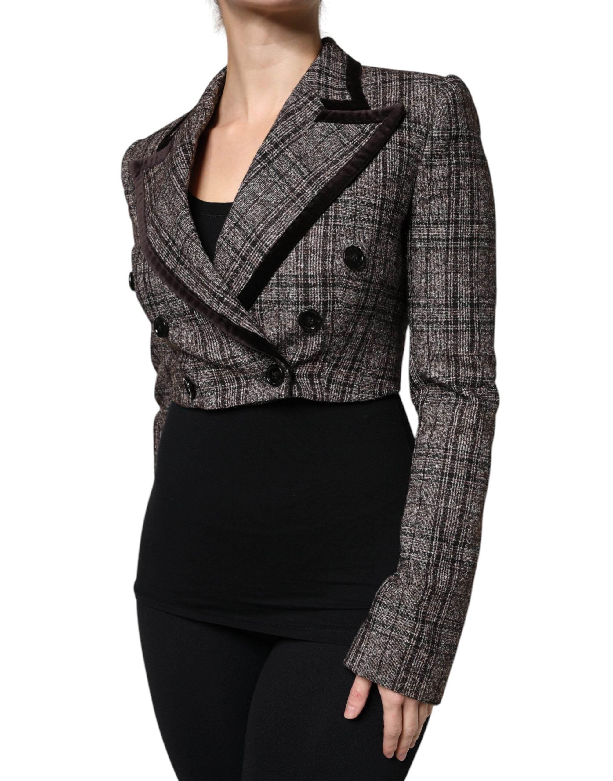 Dolce & Gabbana Brown Plaid Long Sleeve Cropped Coat Jacket - Hilstor