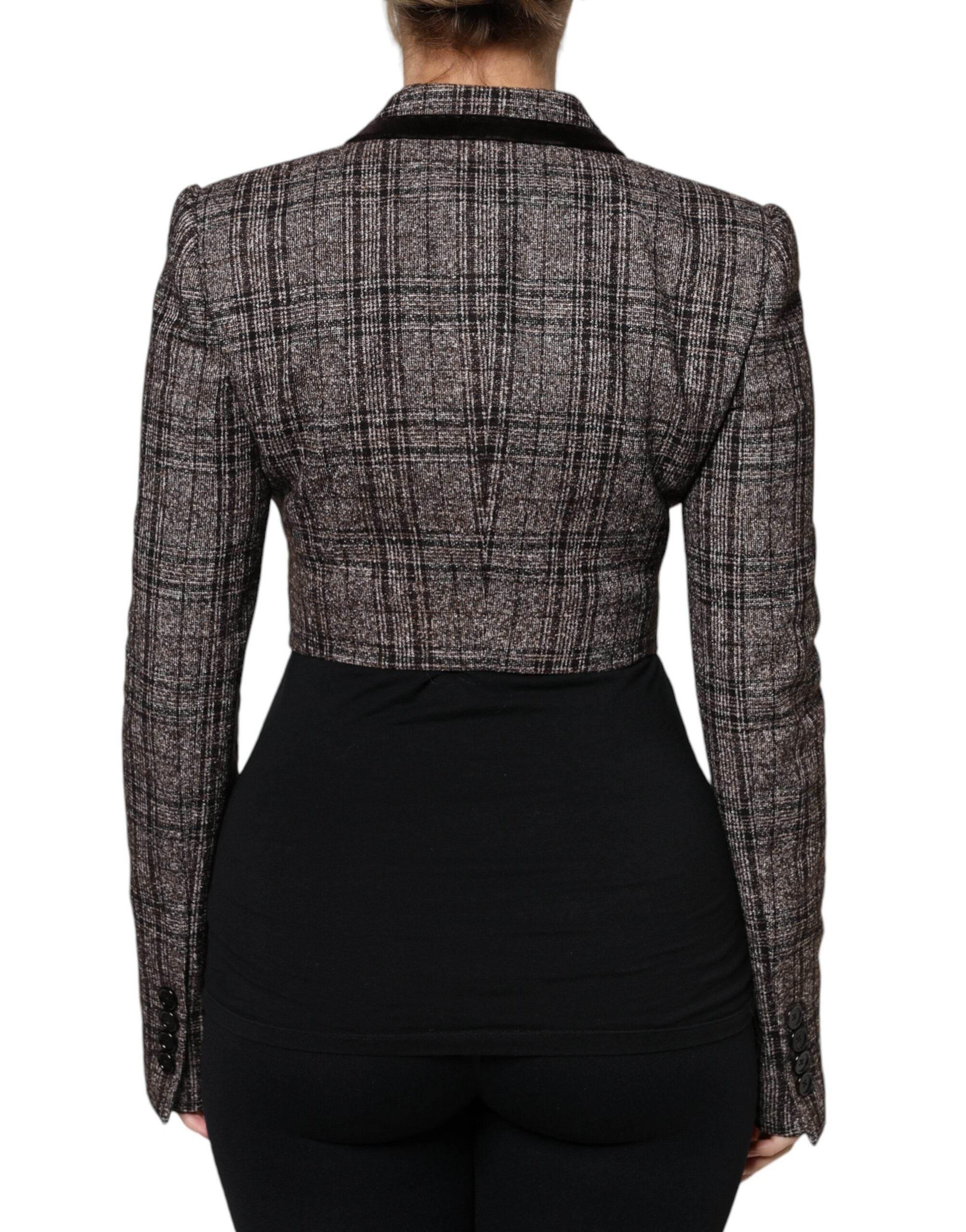 Dolce & Gabbana Brown Plaid Long Sleeve Cropped Coat Jacket - Hilstor
