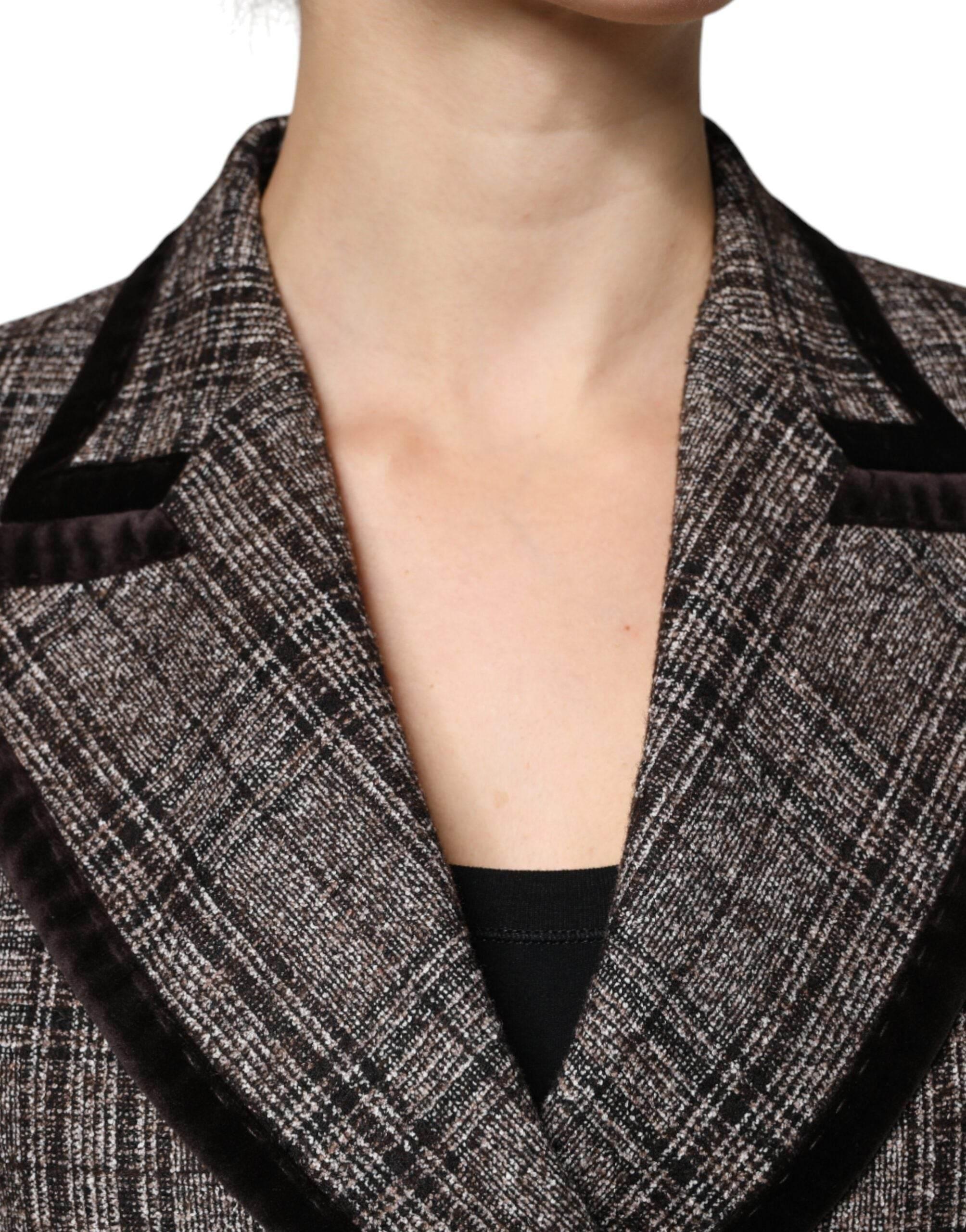 Dolce & Gabbana Brown Plaid Long Sleeve Cropped Coat Jacket - Hilstor