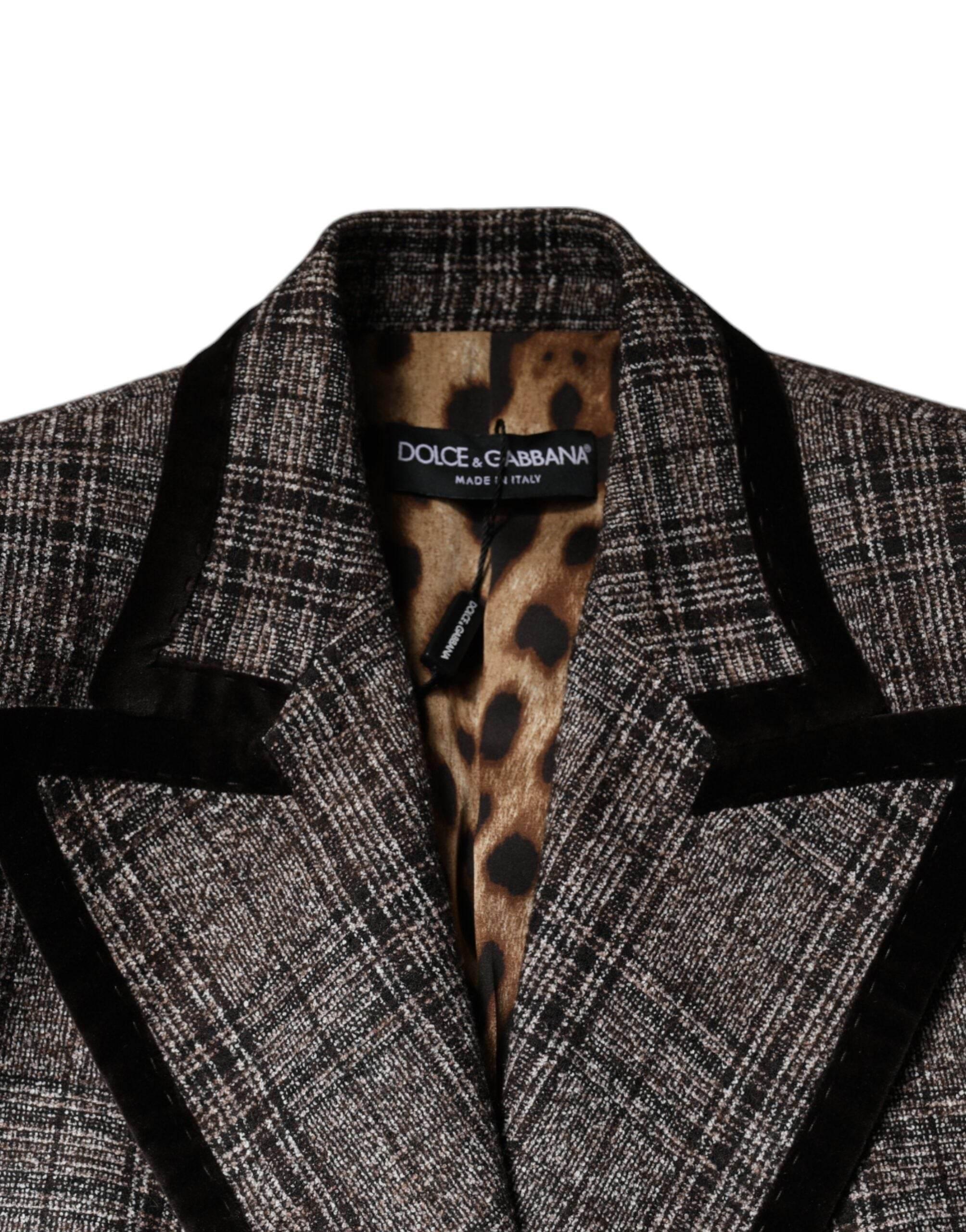 Dolce & Gabbana Brown Plaid Long Sleeve Cropped Coat Jacket - Hilstor