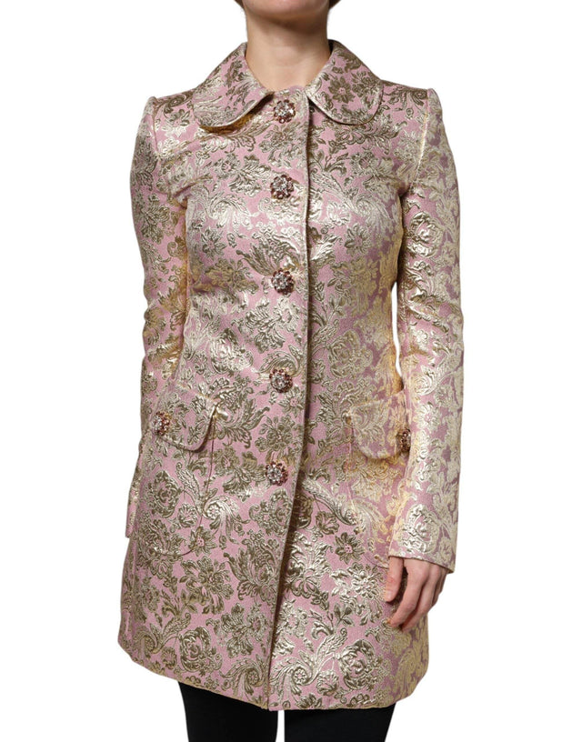 Dolce & Gabbana Metallic Pink Gold Jacquard Jewel Button Coat Jacket - Hilstor